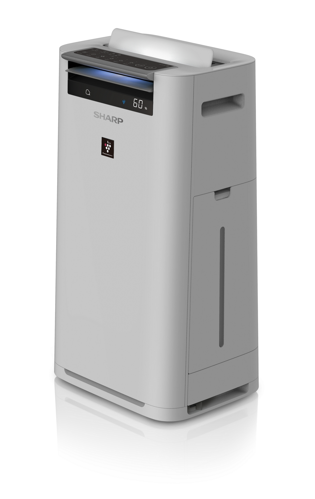 Szary oczyszczacz powietrza Sharp z wyświetlaczem pokazującym 60%. Białe tło.