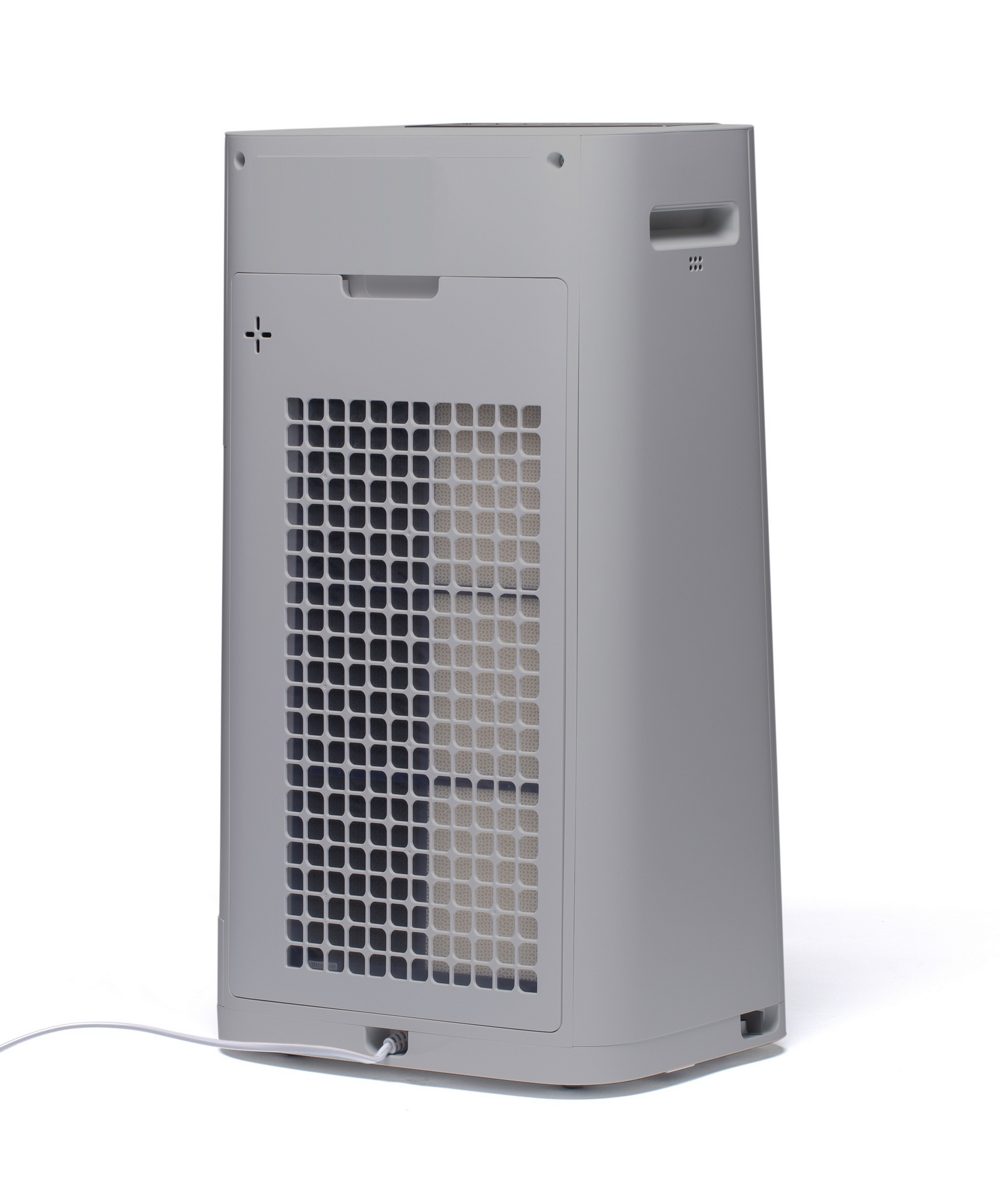 Widok z tyłu szarego oczyszczacza powietrza Sharp. Filtr i biały przewód.