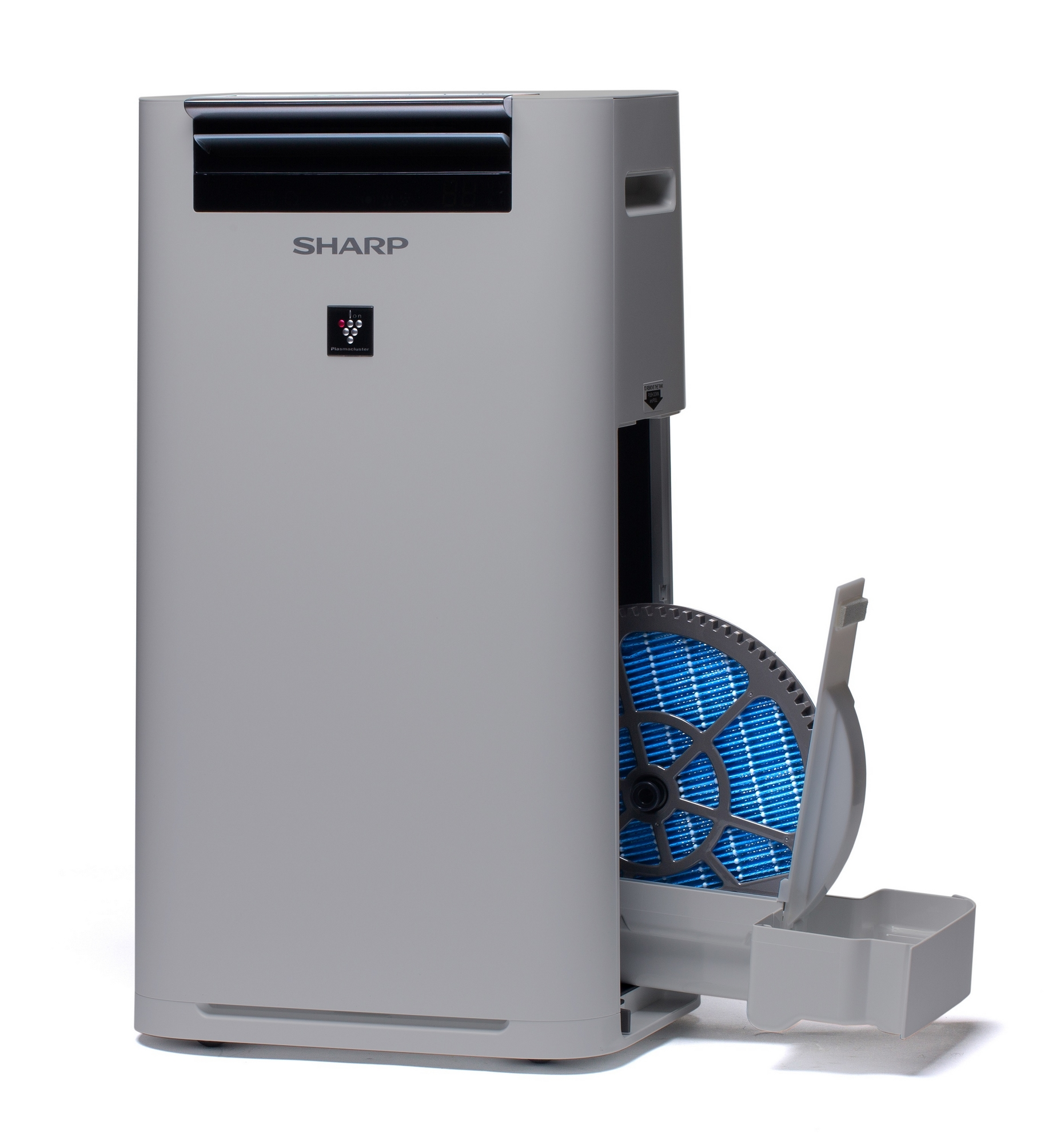 Oczyszczacz powietrza Sharp z odsłoniętym filtrem, widoczny niebieski filtr.