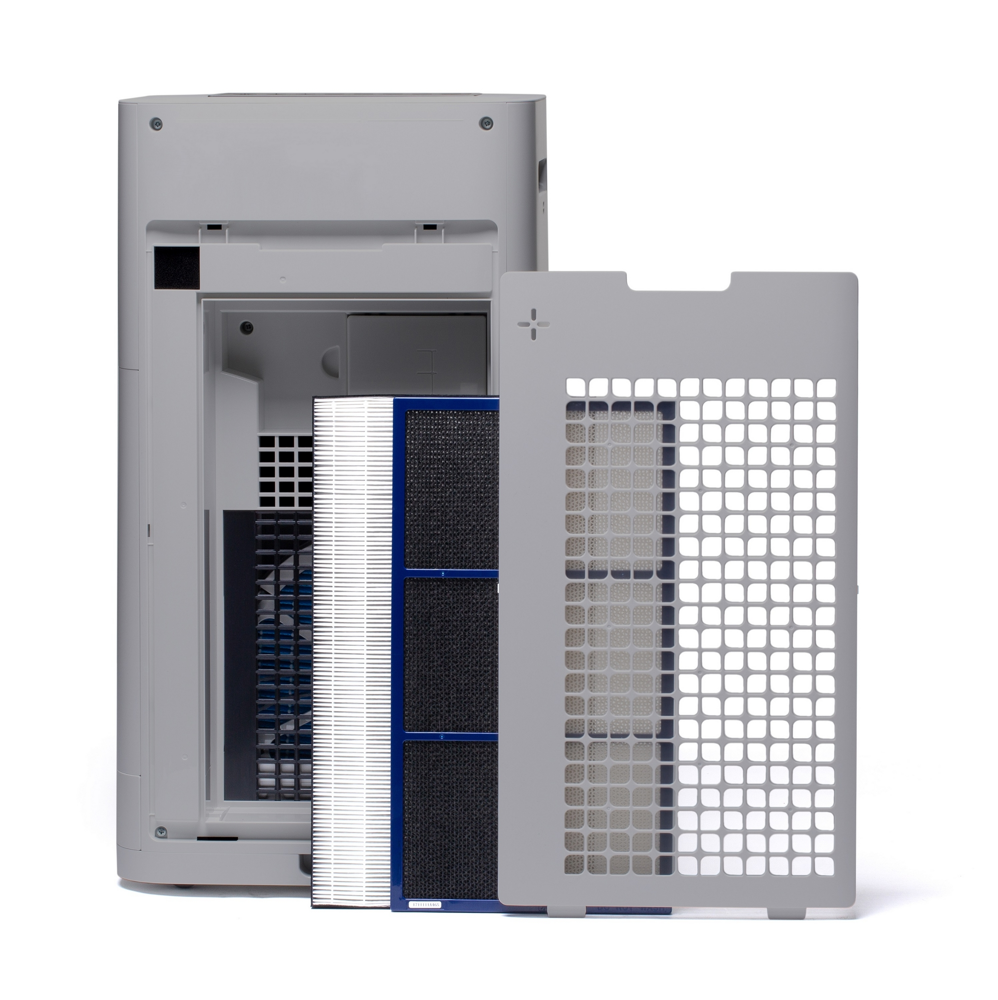 Filtry oczyszczacza powietrza odsłonięte. Filtry o różnych kolorach i fakturach.