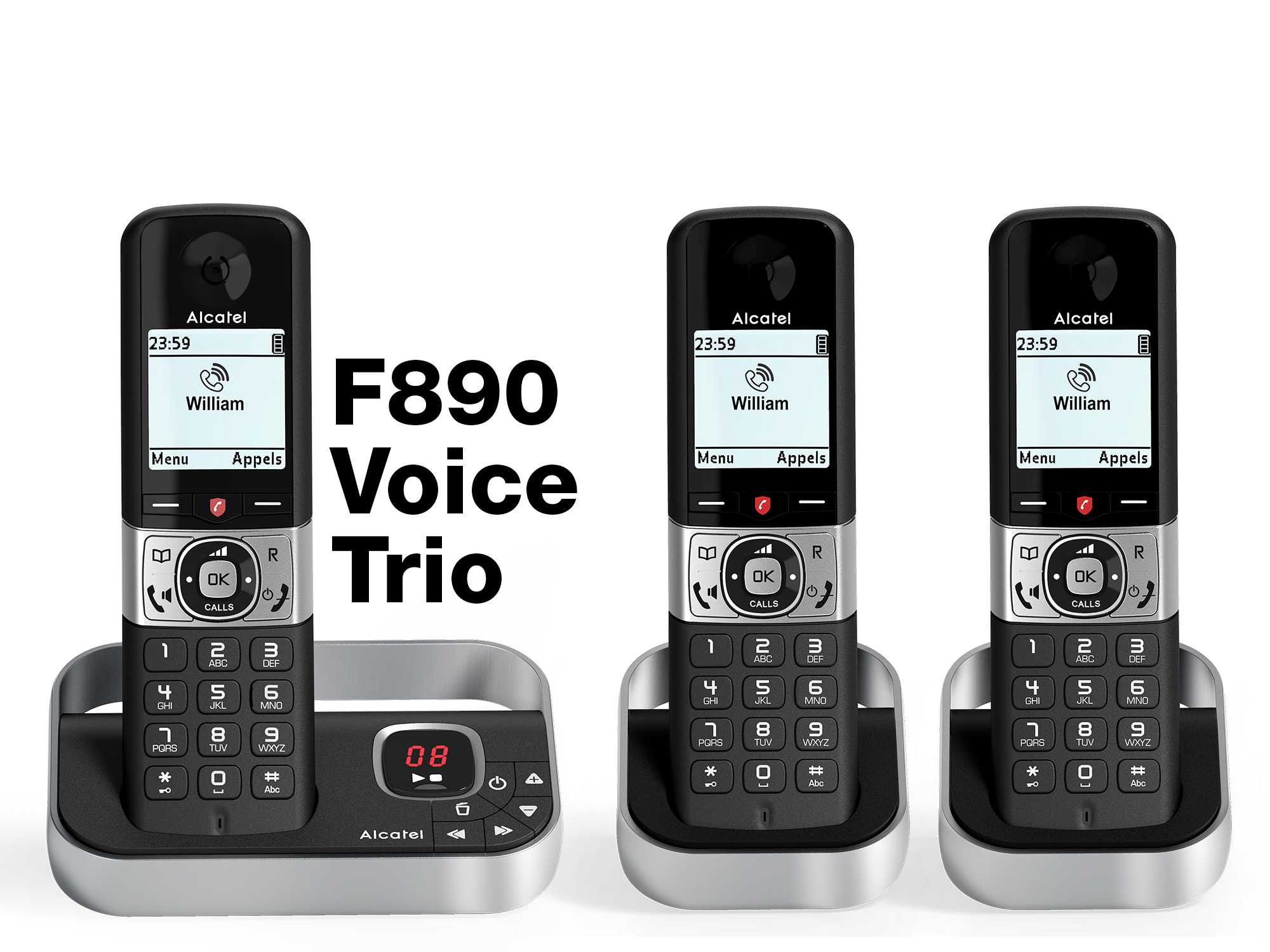 Tre telefoni Alcatel cordless con basi. Ogni telefono mostra 'William' e l'ora 23:59 sullo schermo.