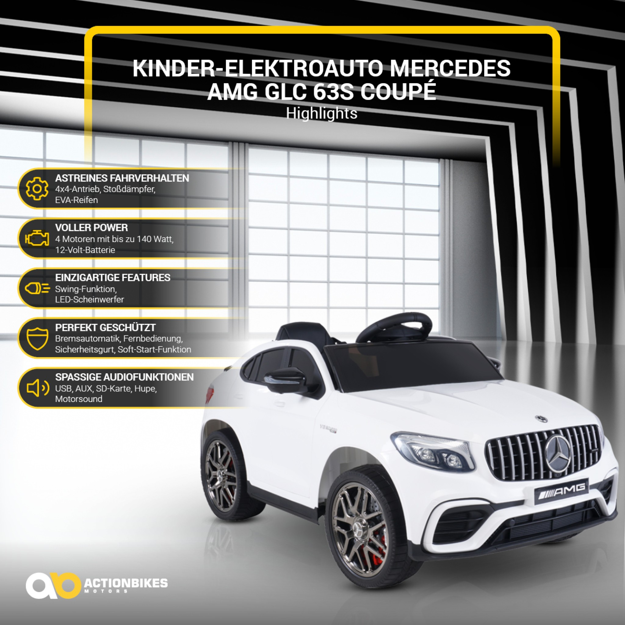 Weißes Mercedes-Benz AMG Coupé Elektroauto mit hervorgehobenen Merkmalen. Text ist auf Deutsch über Funktionen und Spezifikationen.