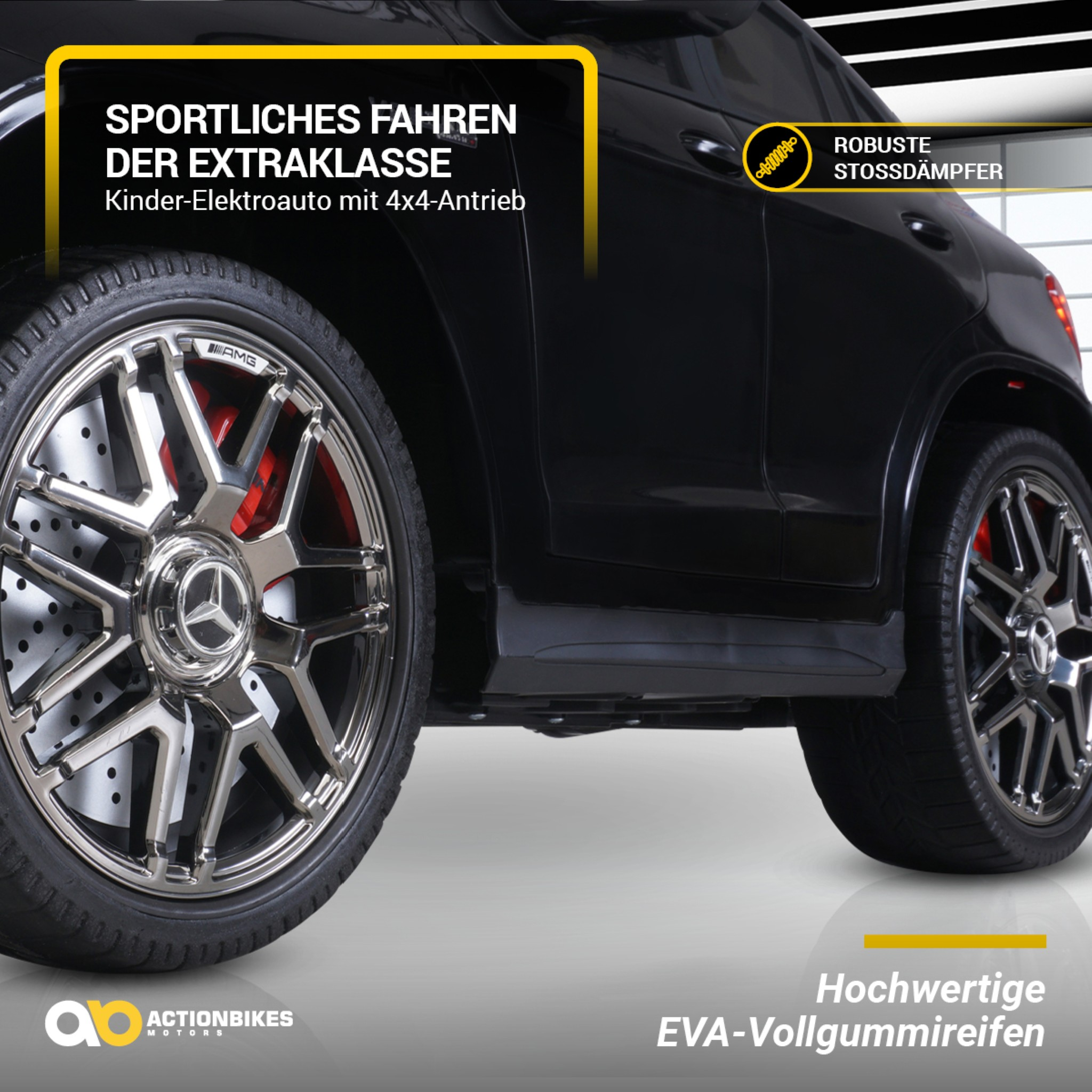 Rad und Reifen eines schwarzen Mercedes-Benz AMG Elektroautos. Text: 'Sportliches Fahren der Extraklasse' und 'Robuste Stoßdämpfer'.