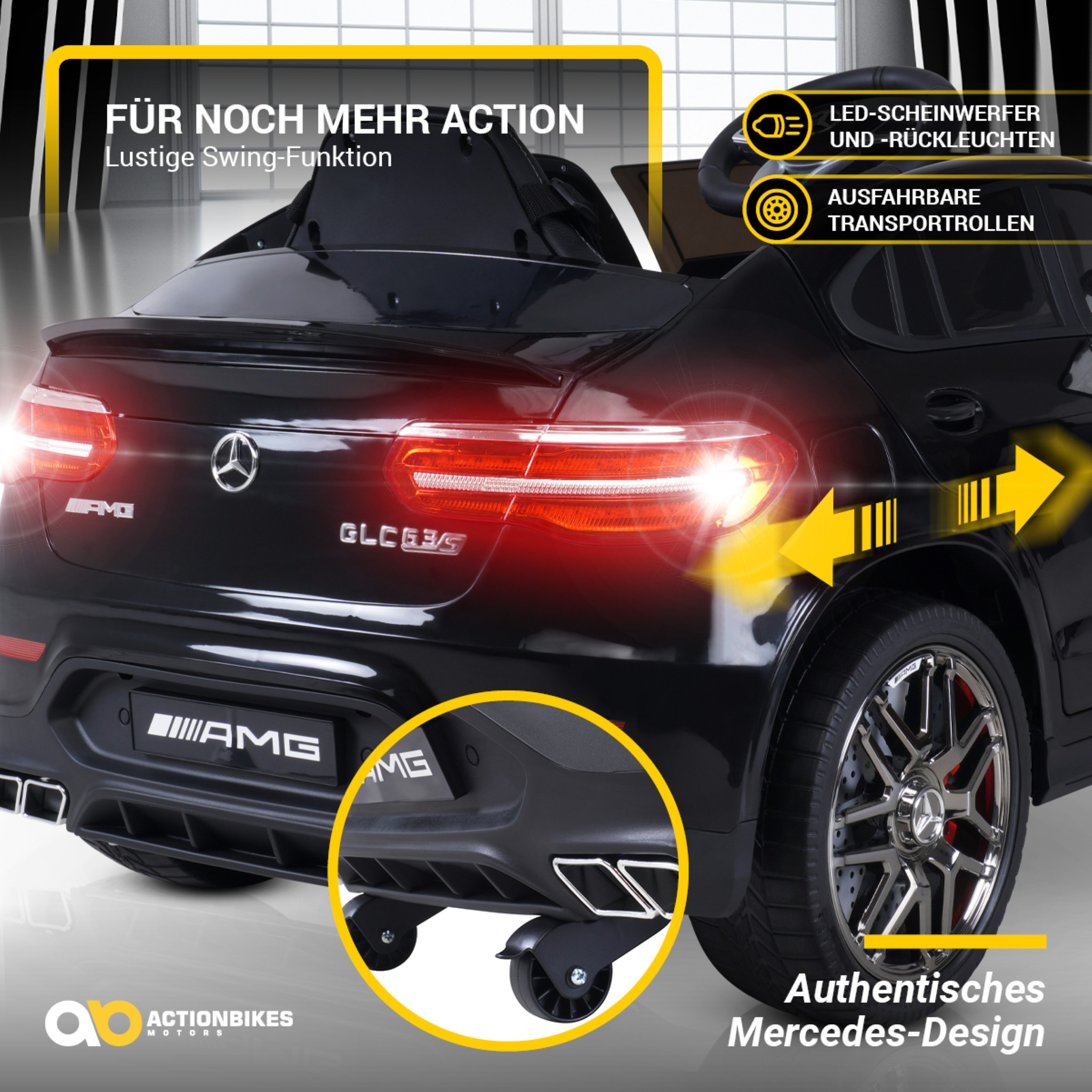 Schwarzes Mercedes-Benz Spielzeugauto mit Lichtern und rollenden Transporträdern.