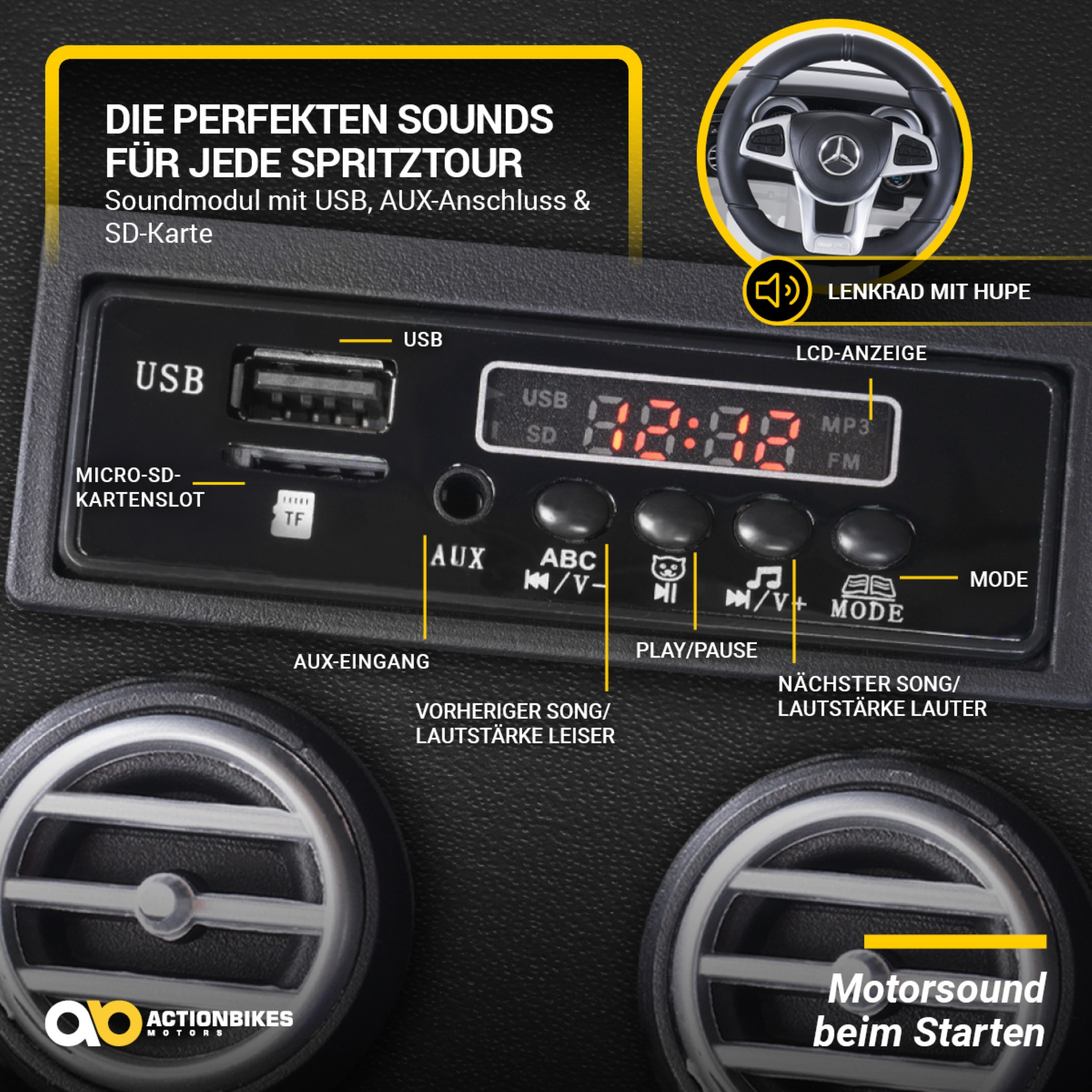Nahaufnahme eines Audiokontrollpanels. Text: USB, AUX, LCD-Anzeige und Knöpfe. Lautsprecher und Lenkrad sind ebenfalls sichtbar.