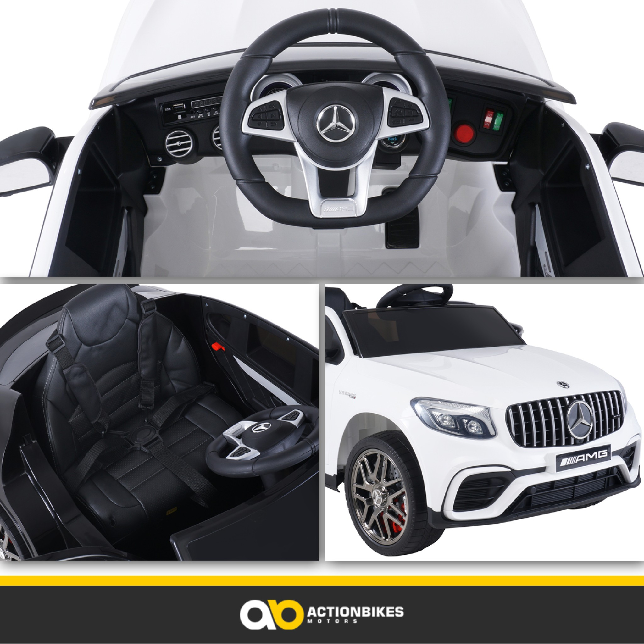 Drei Bilder eines weißen Spielzeugautos mit schwarzen Innendetails.