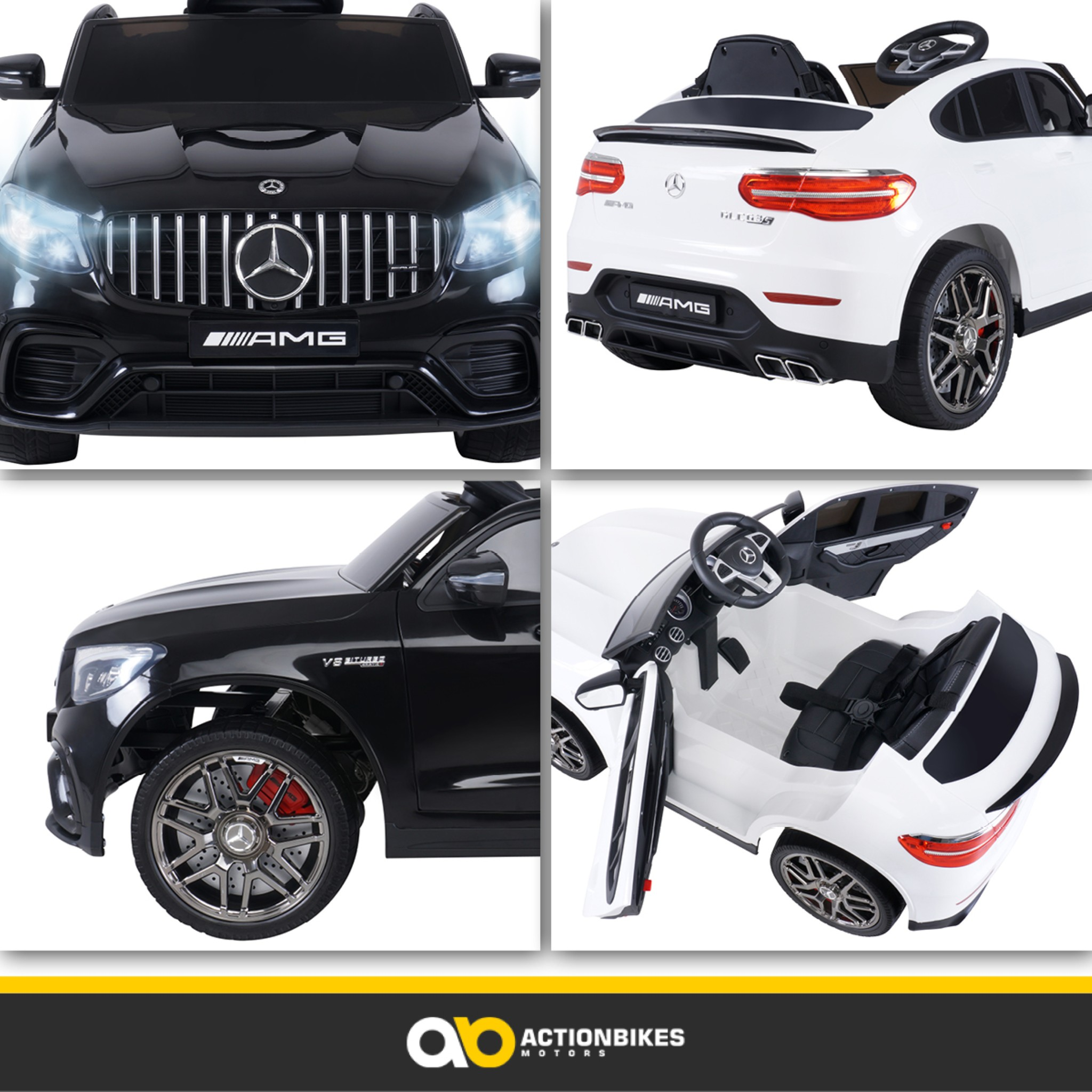 Vier Bilder, die ein schwarz-weißes Mercedes-Benz AMG Elektroauto zeigen. Verschiedene Ansichten umfassen vorne, hinten und innen.