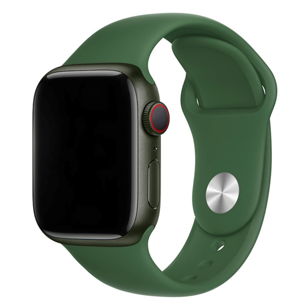 Un Apple Watch Series 7 con cinturino sport verde. Il quadrante è nero.