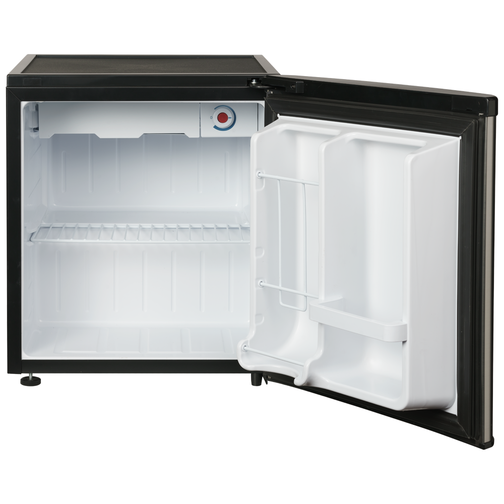 Pequeño refrigerador abierto con interior blanco y dial de termostato.