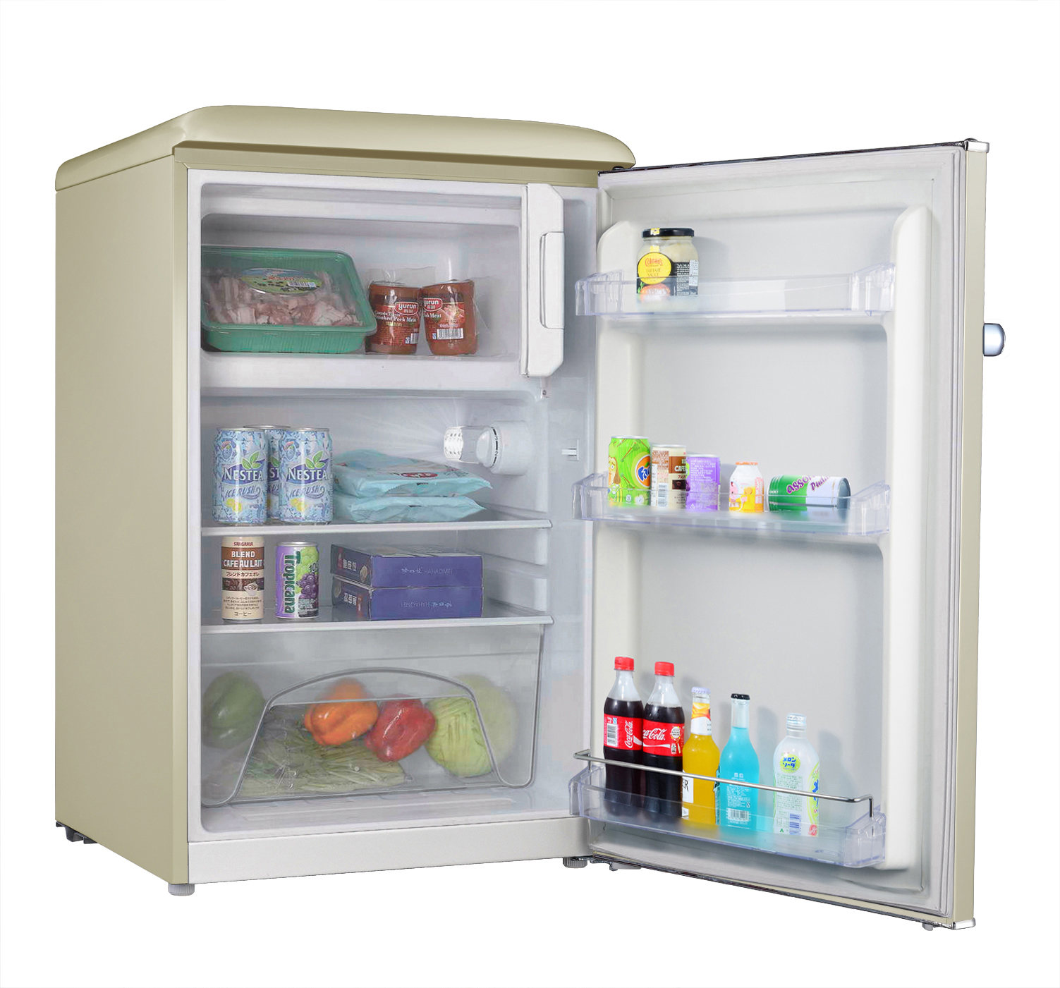 Refrigerador retro beige con puerta abierta, lleno de alimentos y bebidas.