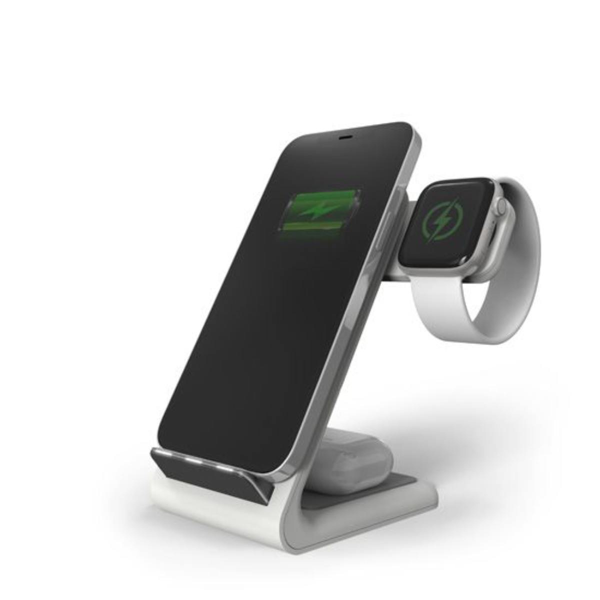 Un telefono nero e uno smartwatch su un supporto di ricarica.