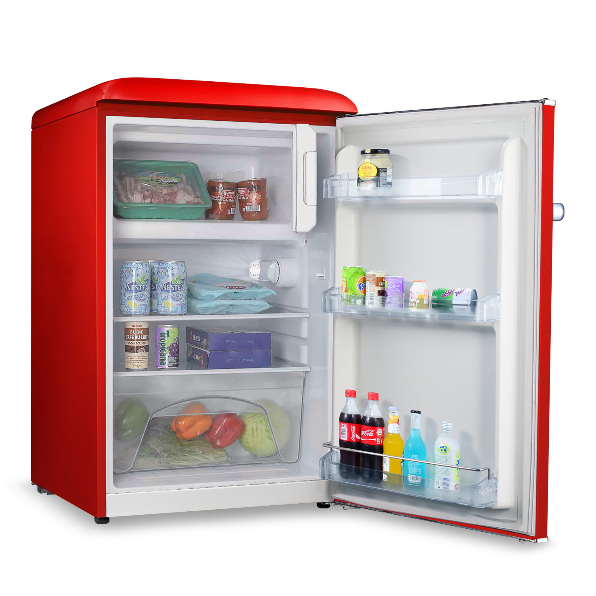 Refrigerador retro rojo con puerta abierta, lleno de alimentos y bebidas.