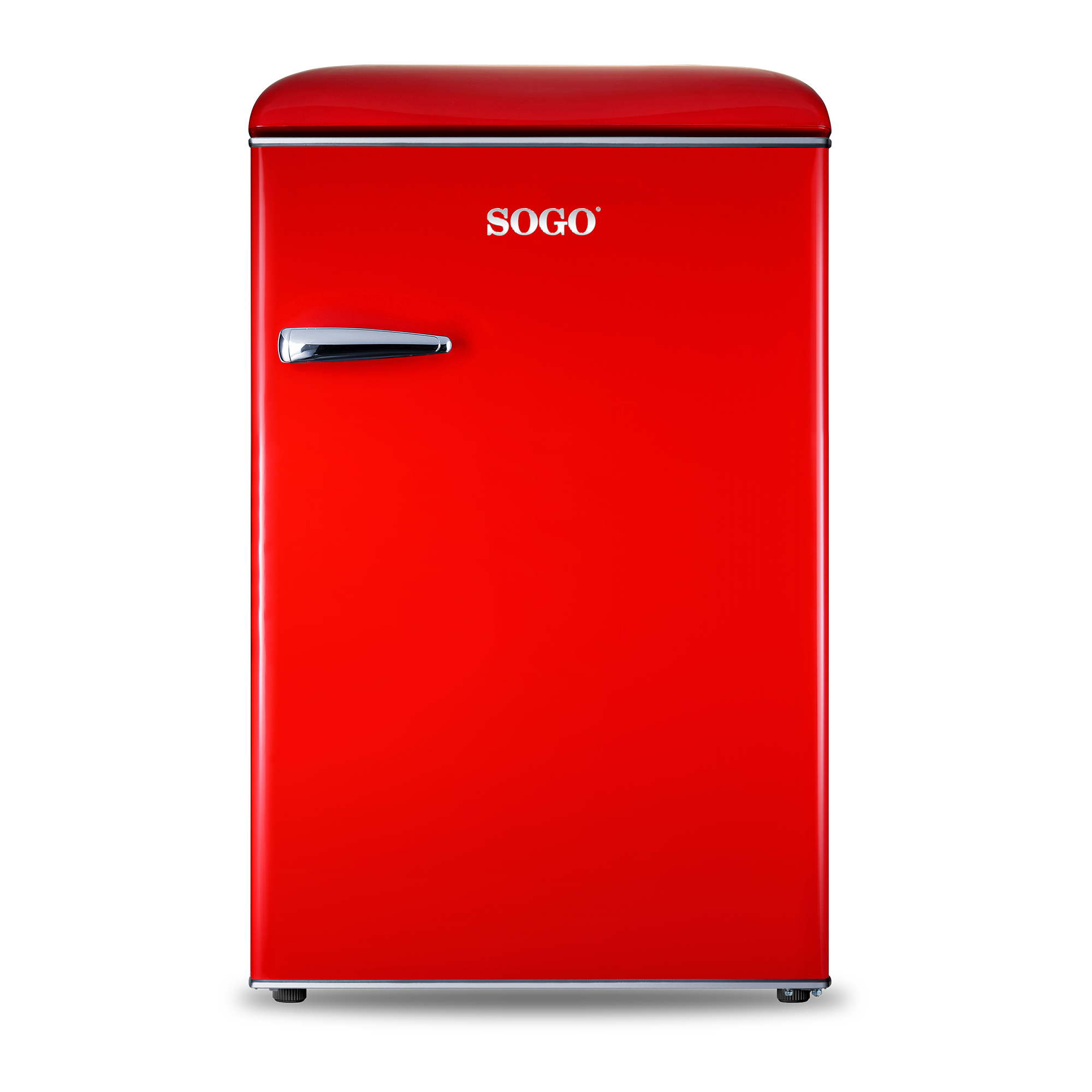 Refrigerador rojo estilo retro, cerrado con asa plateada, sobre fondo blanco.