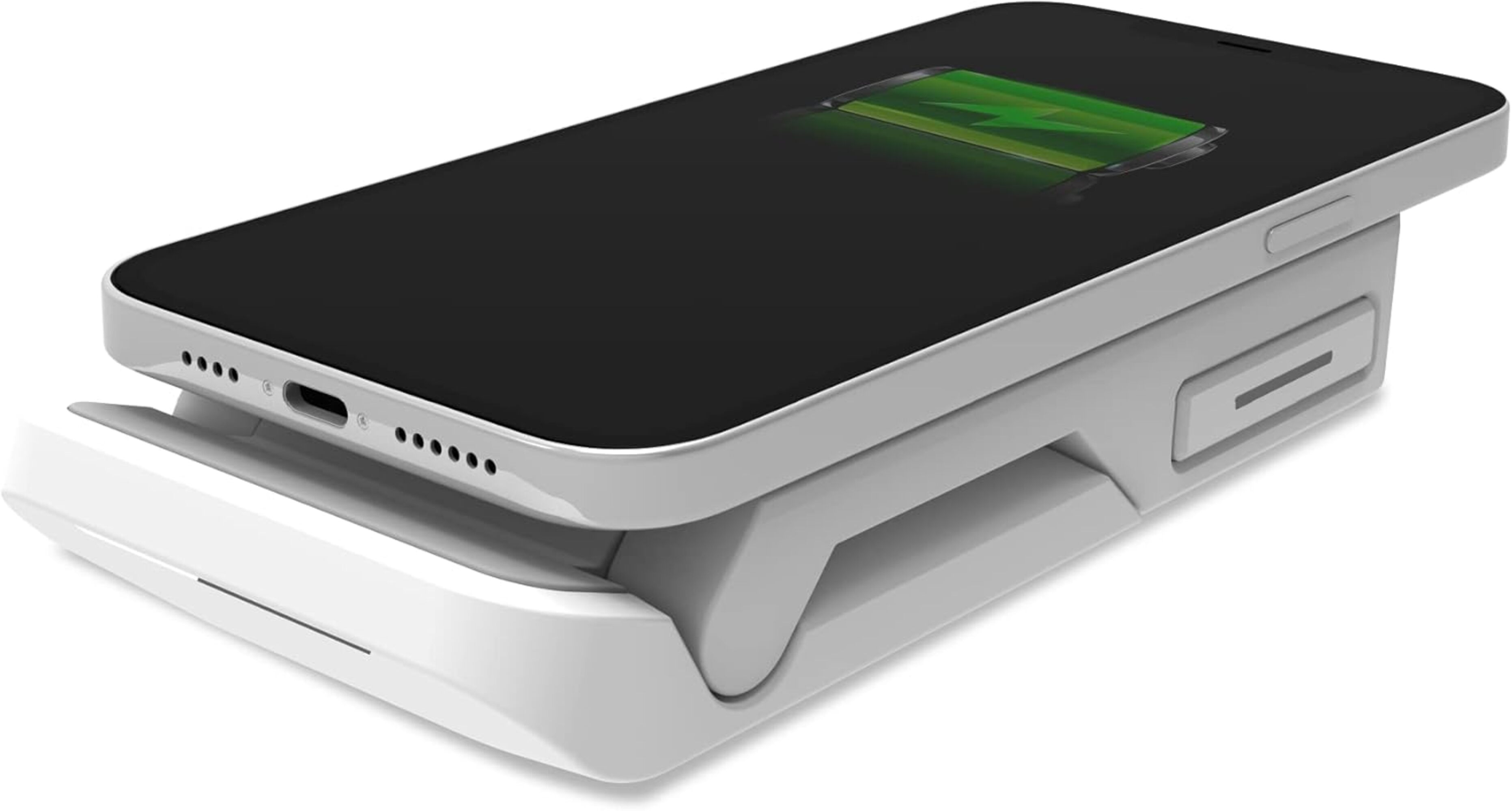 Teléfono blanco en una base de carga blanca, la pantalla del teléfono muestra un símbolo de carga verde.