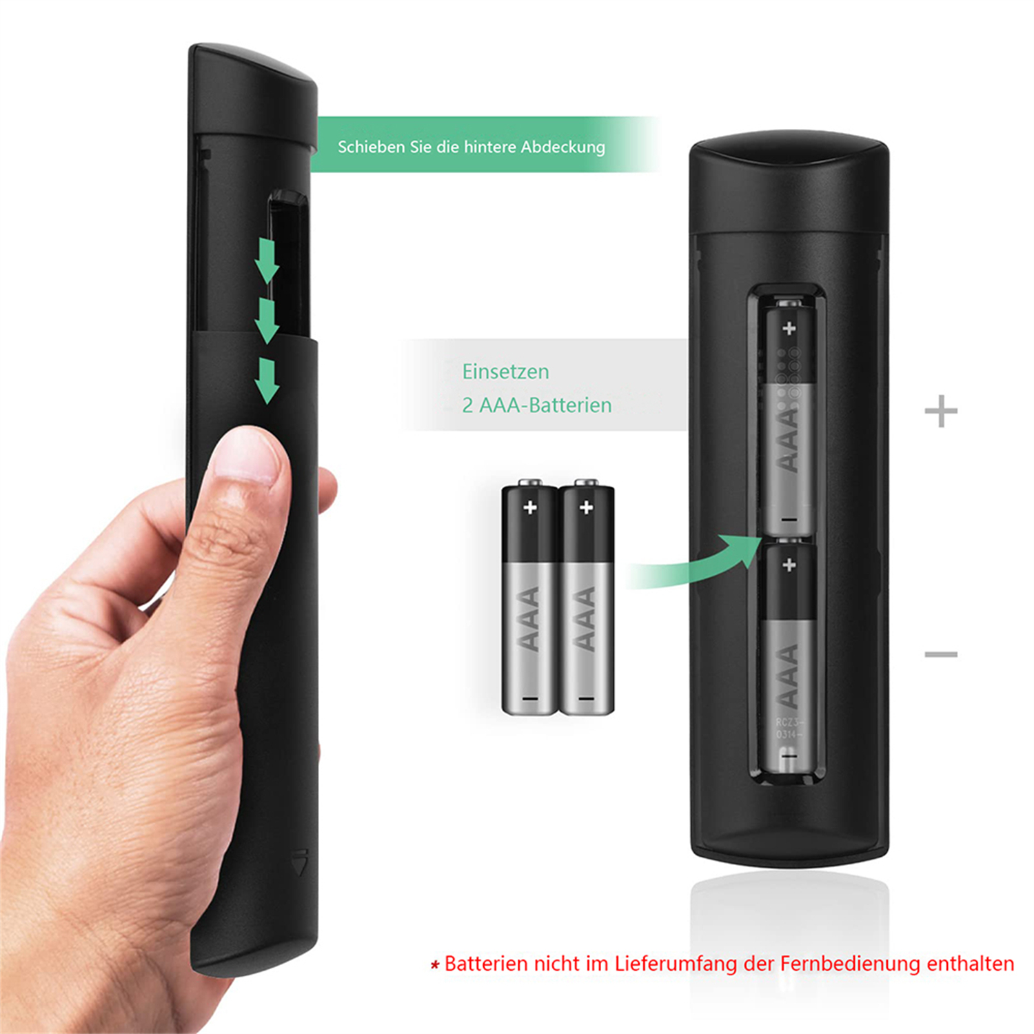 Schwarze Fernbedienung, Batteriefach offen mit eingelegten AAA-Batterien.