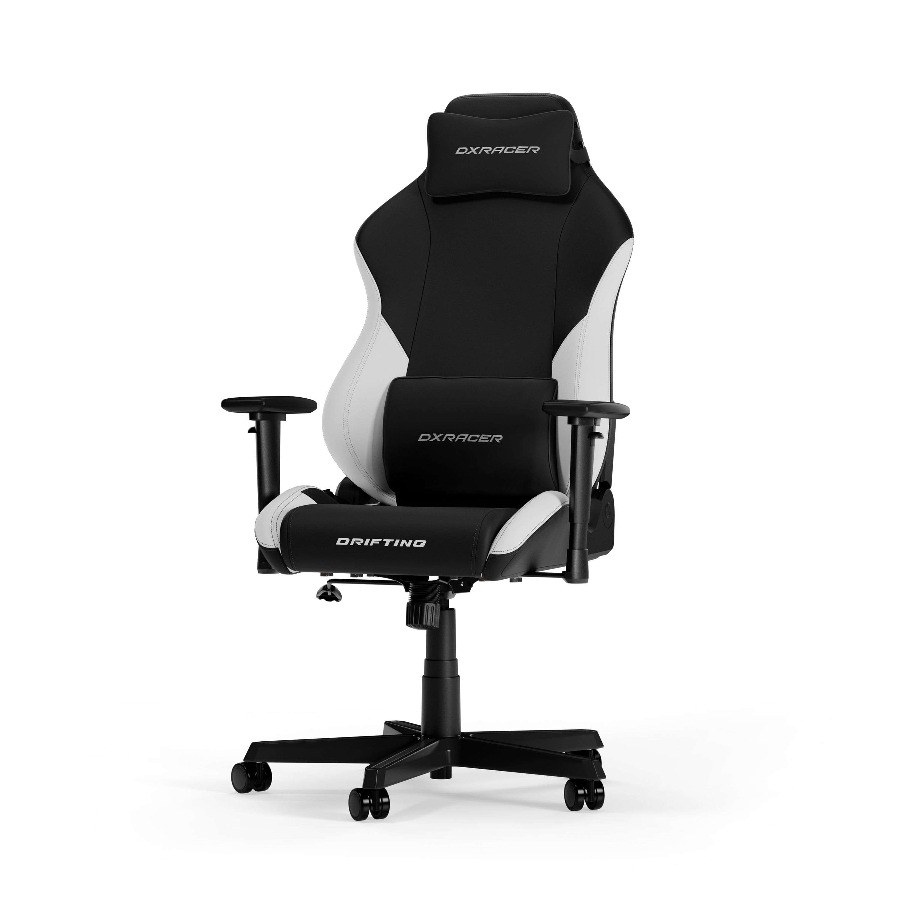 Schwarz-weißer Gaming-Stuhl auf Weiß. Vorderansicht. Verstellbare Kopfstütze, Armlehnen, Räder.