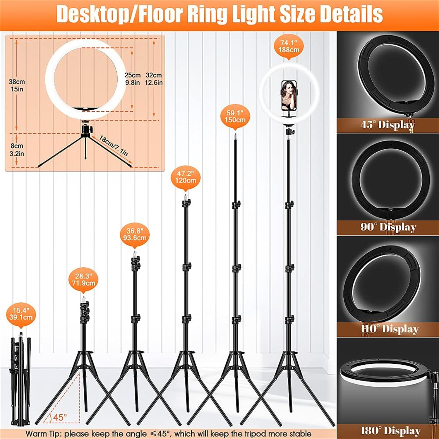 Diagramm mit Größenangaben für Ringlichter und Stativhöhen. Enthält Maße in cm und Zoll.