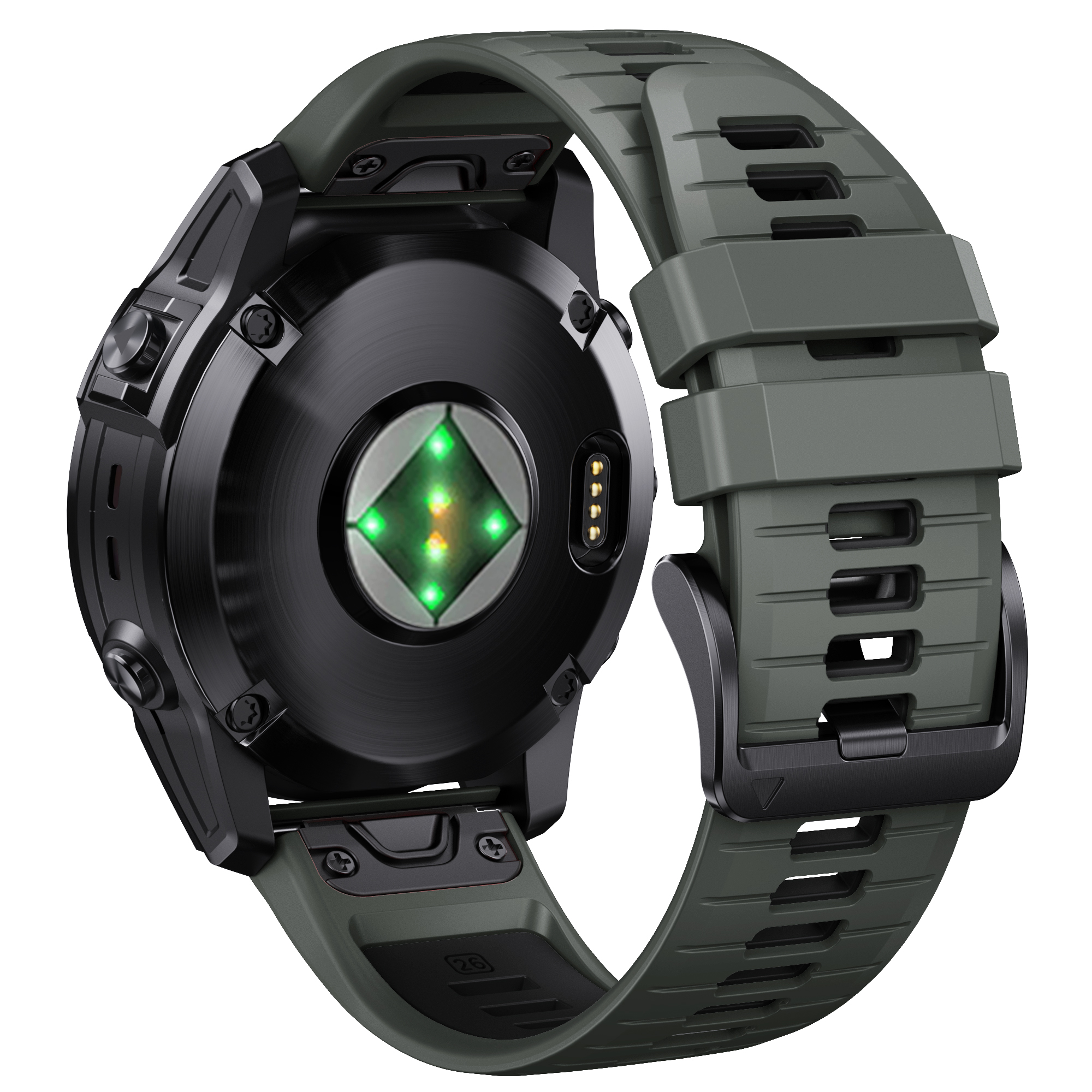 Smartwatch nero con cinturino verde. Il retro mostra il sensore di frequenza cardiaca. L'orologio è nero.