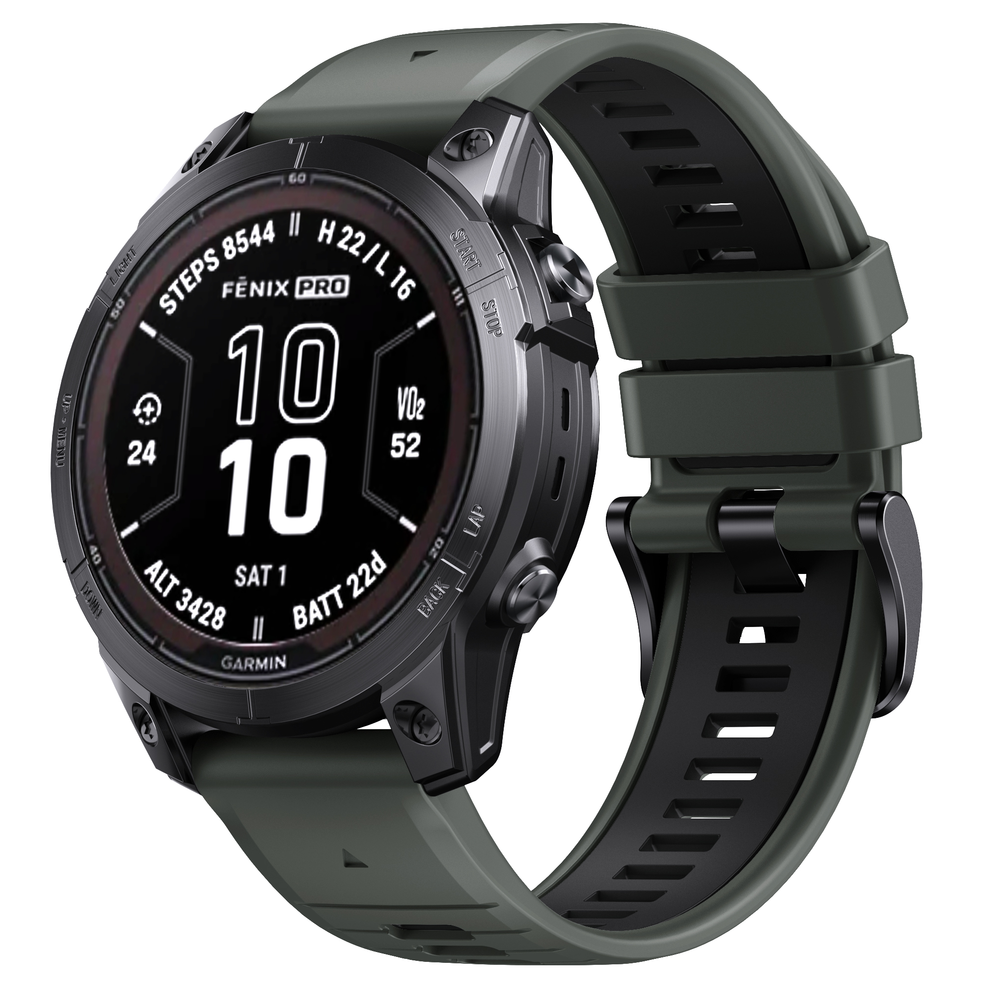Smartwatch nero con cinturino verde. Il quadrante mostra i dati. L'orologio è angolato.