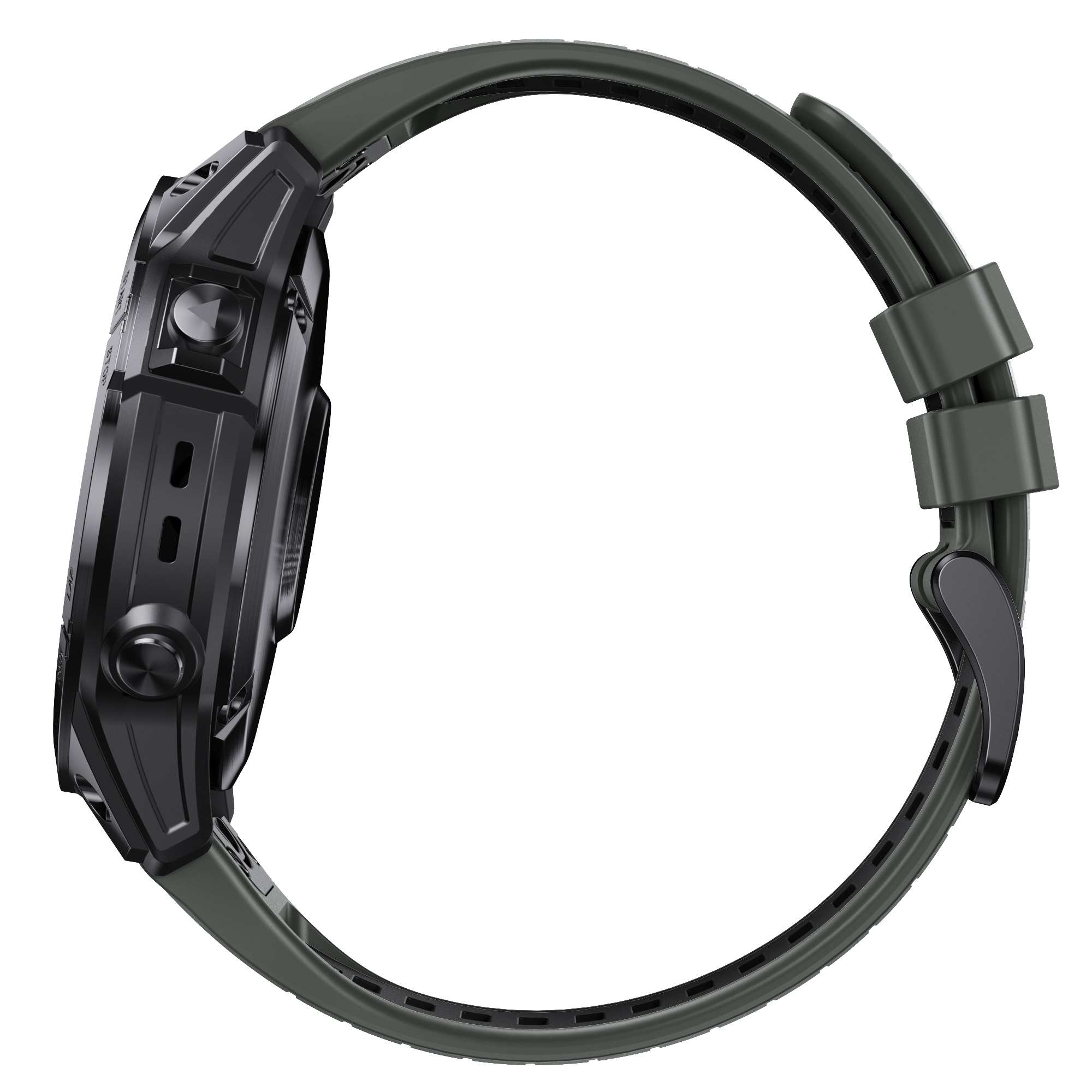 Vista laterale di uno smartwatch nero con cinturino verde.