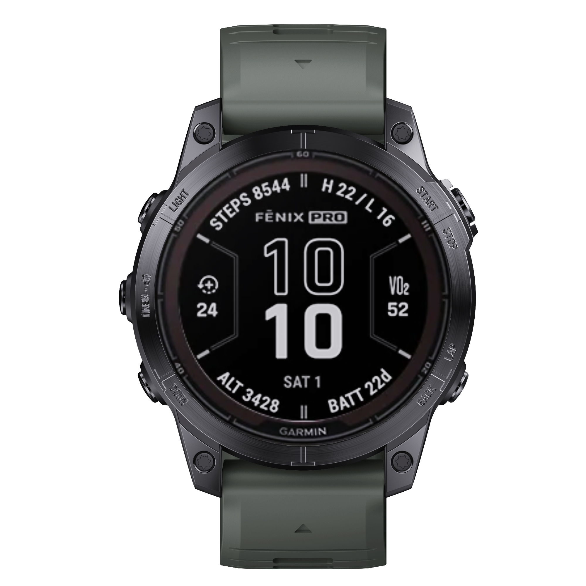 Vista dall'alto di uno smartwatch nero con cinturino verde, mostra dati.