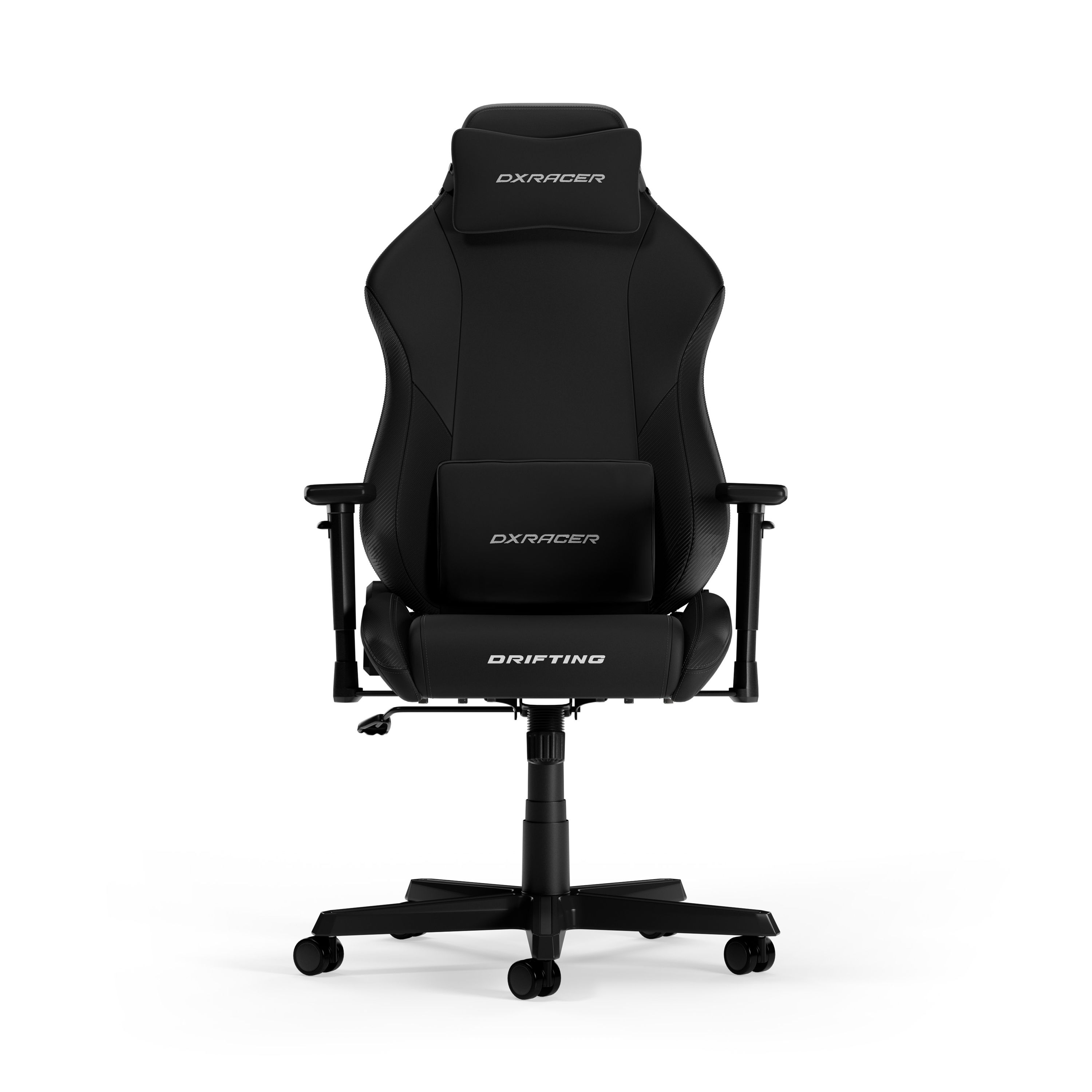 Schwarzer Gaming-Stuhl mit Kopfstütze und Lordosekissen, Vorderansicht.