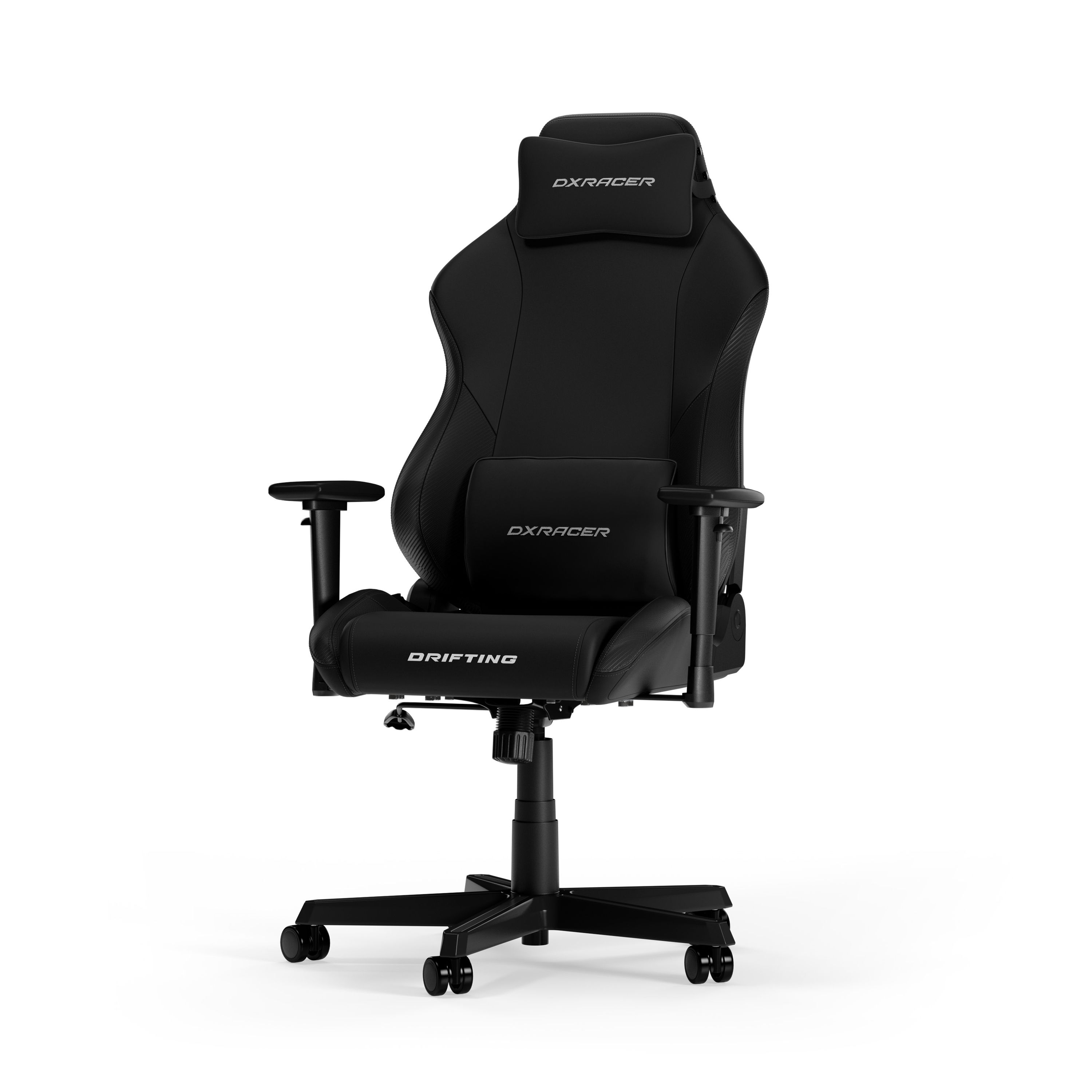 Schwarzer Gaming-Stuhl mit Kopfstütze und Lordosenstütze, Vorderansicht.