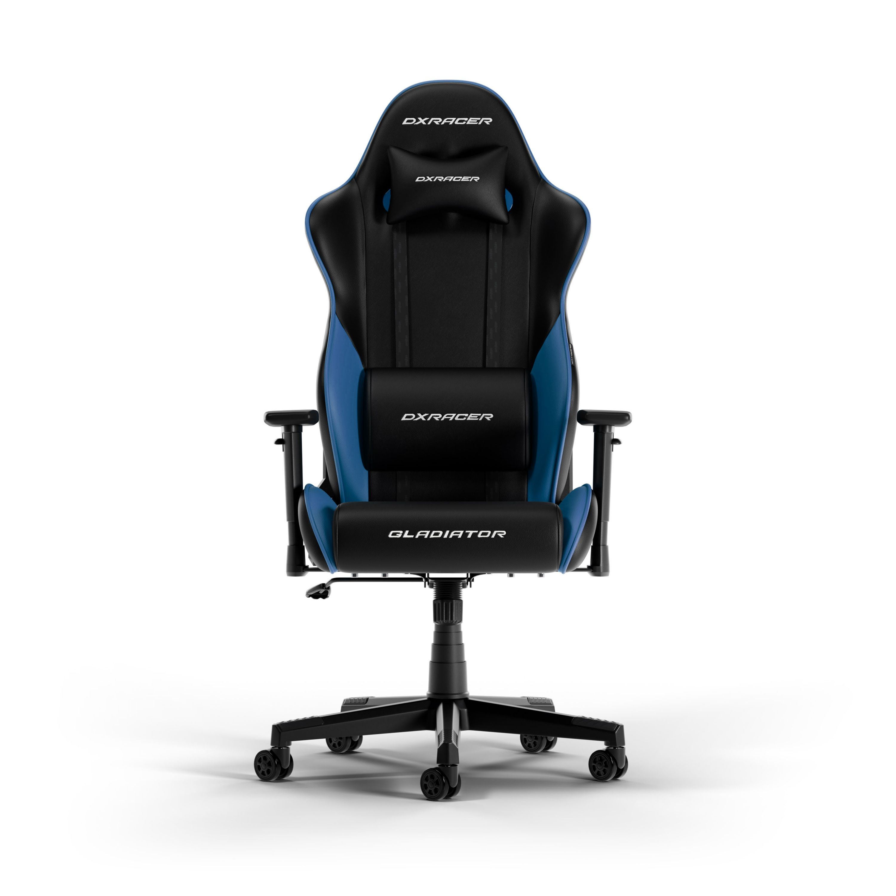 Schwarz-blauer Gaming-Stuhl mit schwarzer Kopfstütze. Schwarzes Gestell. Weißer Hintergrund. DX RACER GLADIATOR Logo.