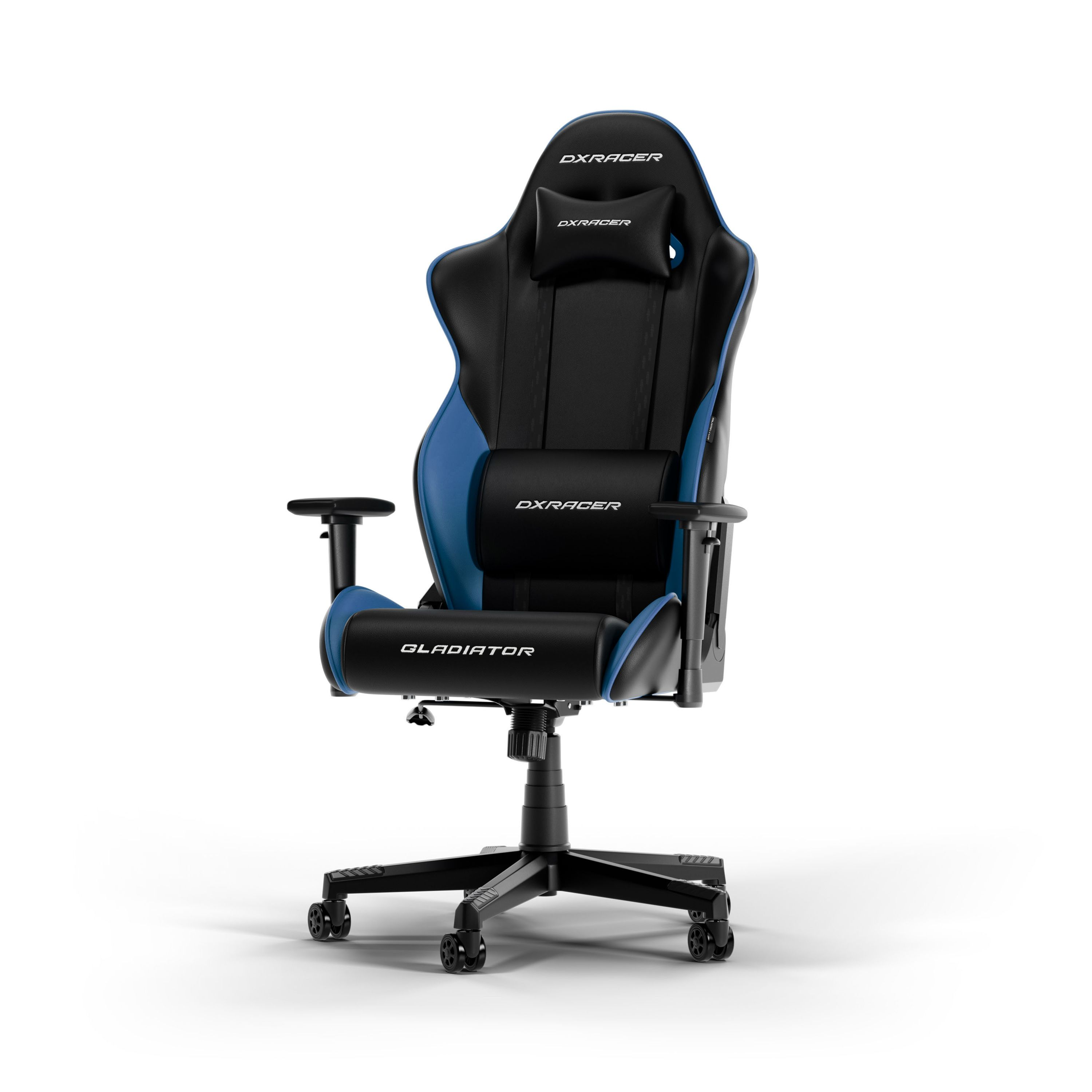 Schwarz-blauer DXRacer Gladiator Gaming-Stuhl. Schwarze Kopfstütze und Lendenwirbelstütze. Schwarze Basis.