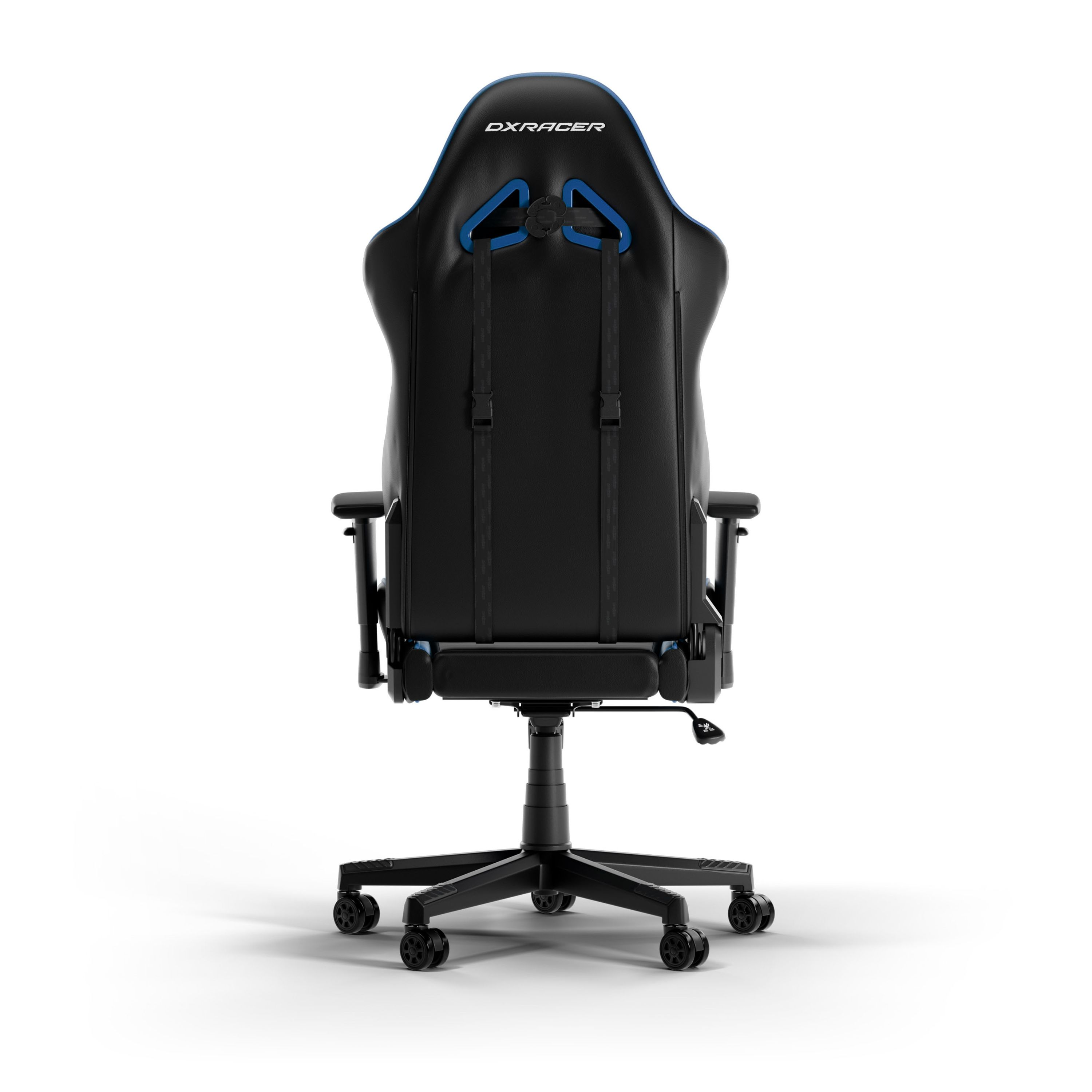Rückseite des blau-schwarzen Gaming-Stuhls. Schwarzer Sitz und Rücken mit blauen Akzenten. Schwarze Basis.