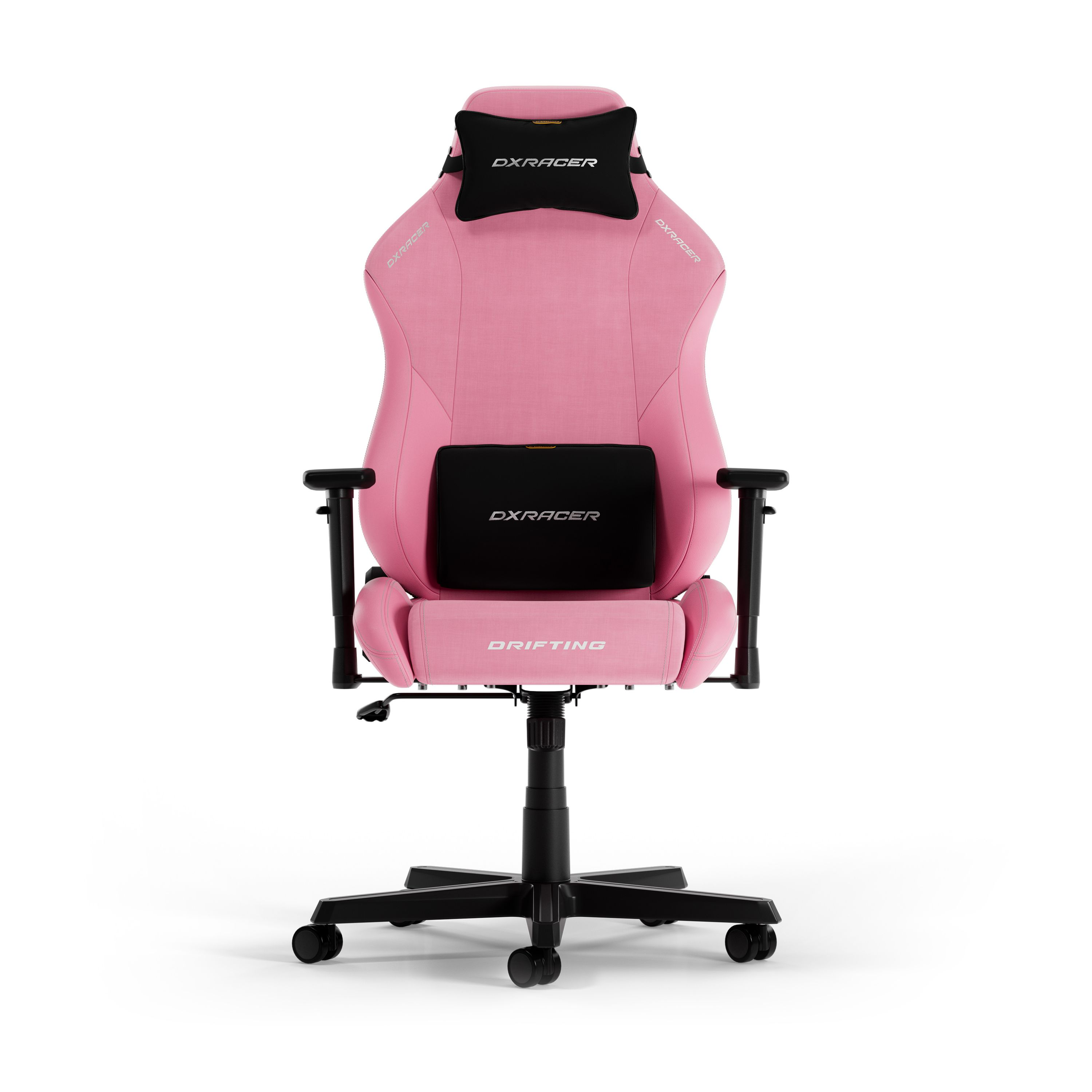 Rosa Gaming-Stuhl auf Weiß. Vorderansicht. Schwarzes Gestell und Armlehnen. 'DXRacer' und 'Drifting'.