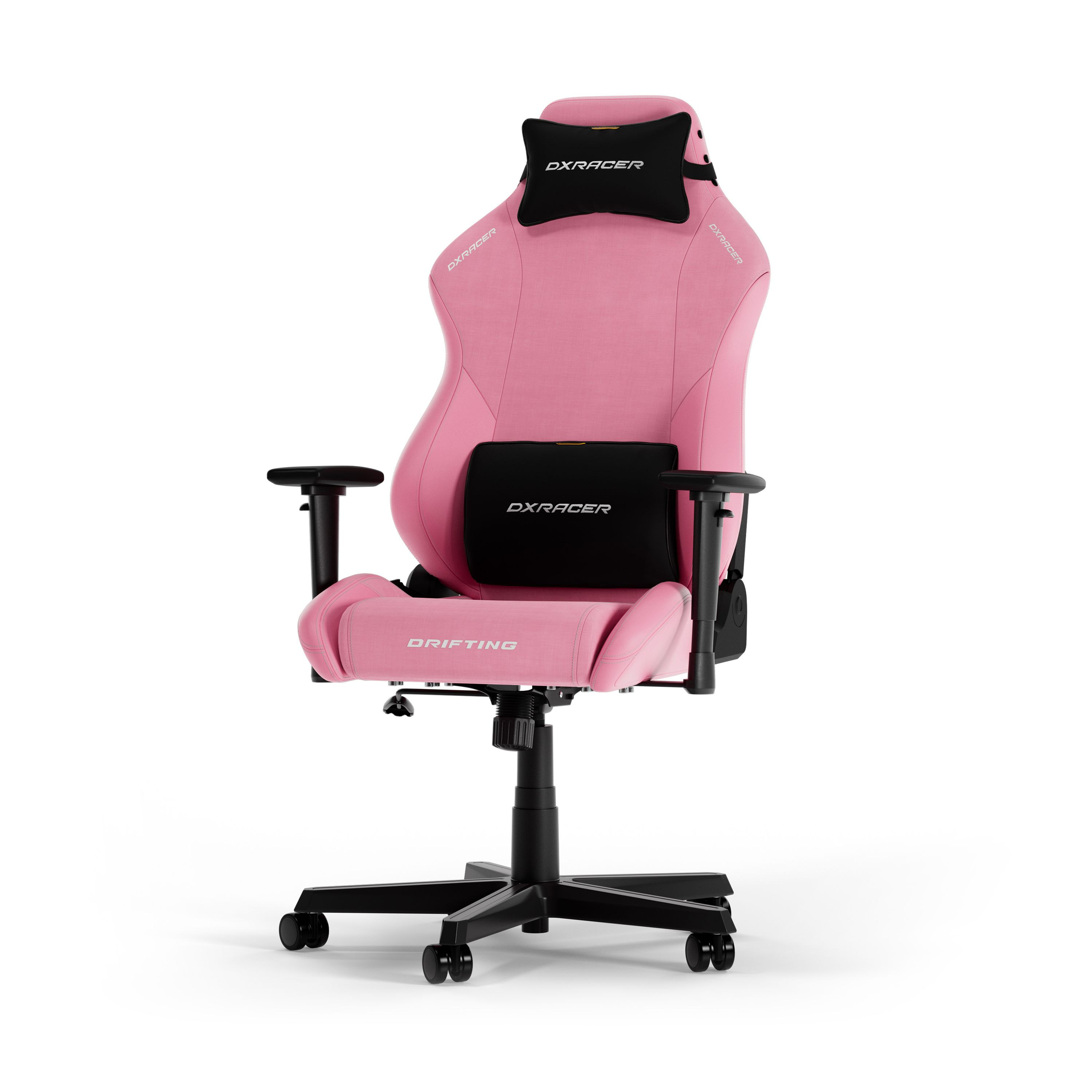 Rosa Gaming-Stuhl auf Weiß. Vorderansicht. Schwarzes Gestell und Armlehnen. 'DXRacer' und 'Drifting'.