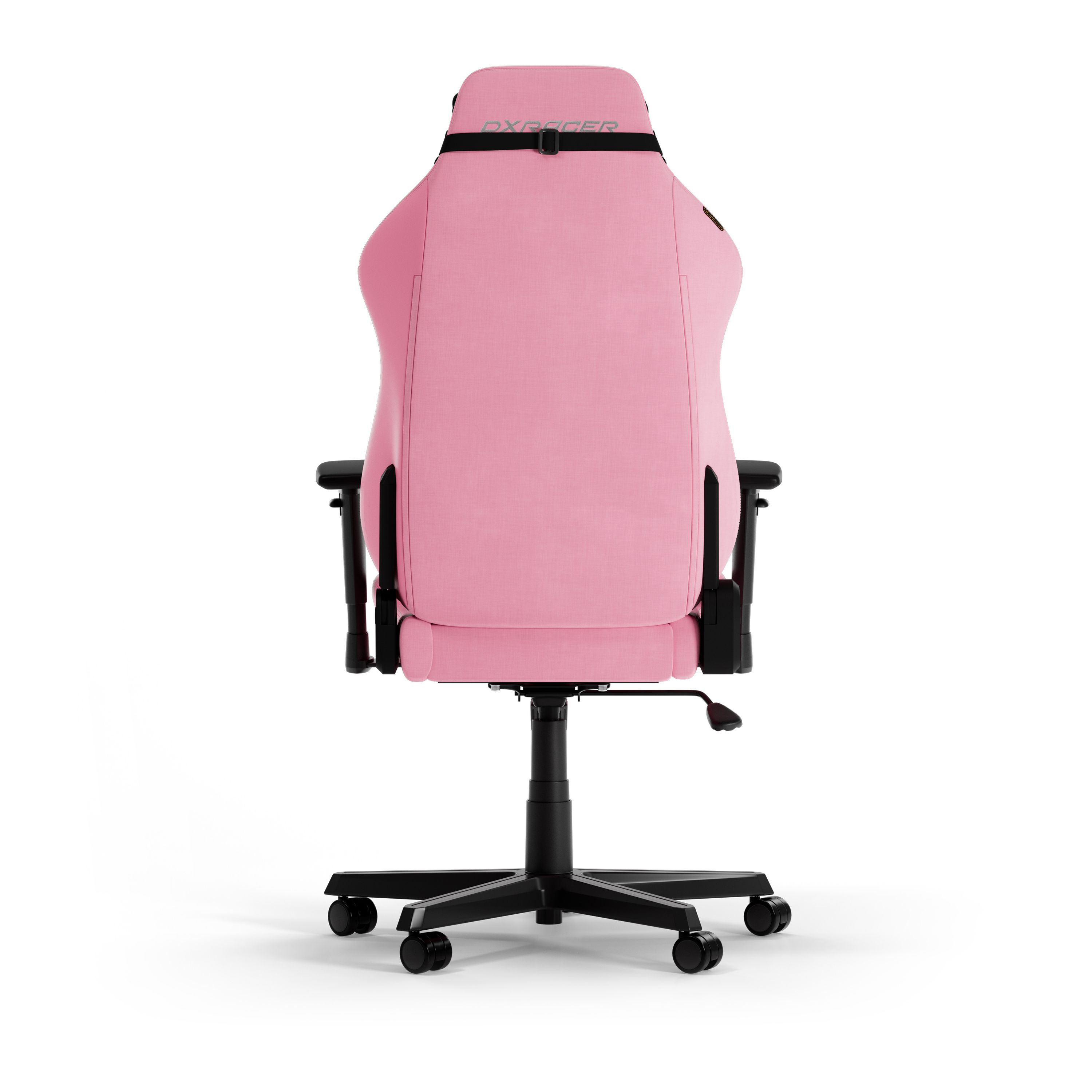 Rosa Gaming-Stuhl auf Weiß. Rückansicht. Schwarzes Gestell und Armlehnen. 'DXRacer' sichtbar.