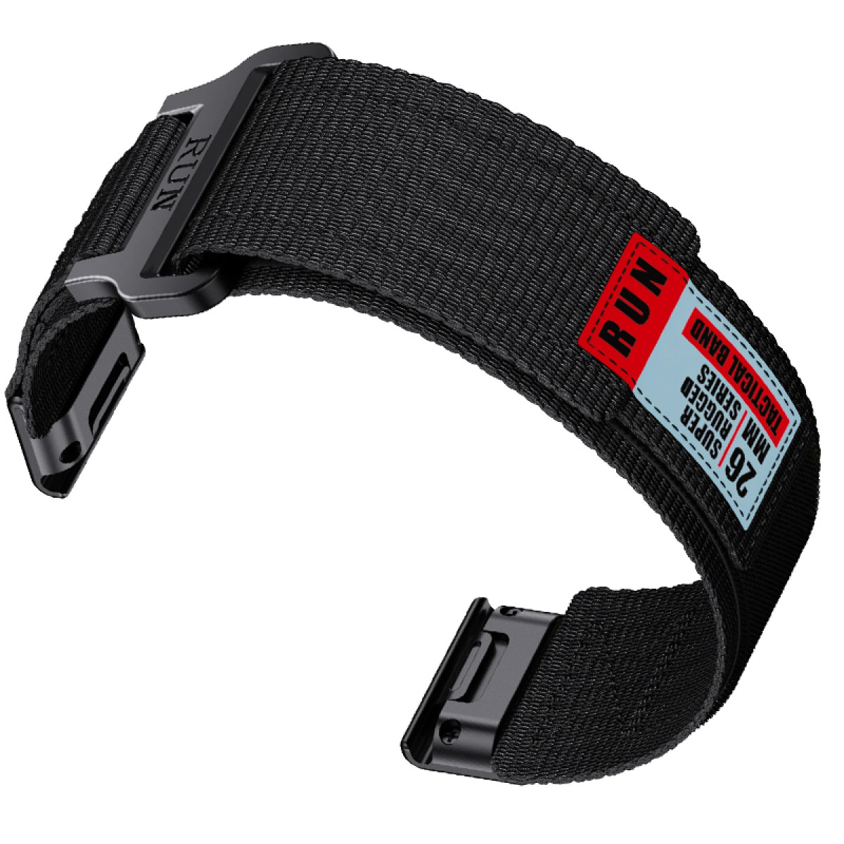 Schwarzes Uhrenarmband mit RUN-Etikett. Das Armband hat ein 26 MM SUPER RUGGED SERIES Etikett.