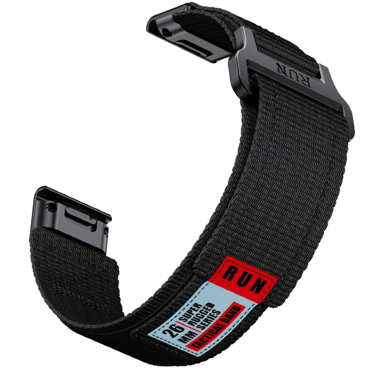 Ein schwarzes Uhrenarmband mit schwarzer Schnalle. Das Armband hat ein Etikett: 'RUN' und 'SUPER RUGGED MM SERIES TACTICAL BAND'.