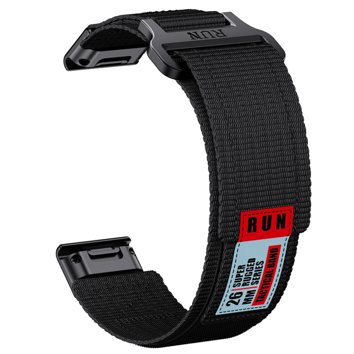 Schwarzes Uhrenarmband mit Metallschnalle und einem rot-blauen Etikett mit der Aufschrift 'RUN'.