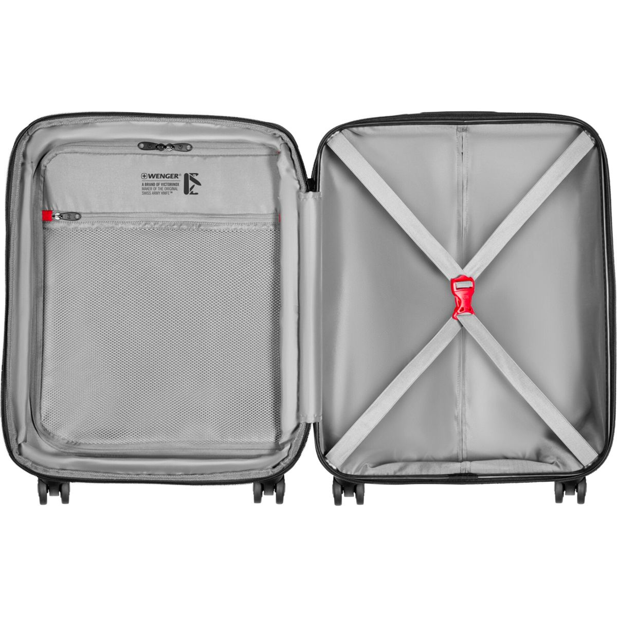 Offener schwarzer Koffer mit grauem Innenraum und Gurten. Mit Netztasche und Wenger-Branding.
