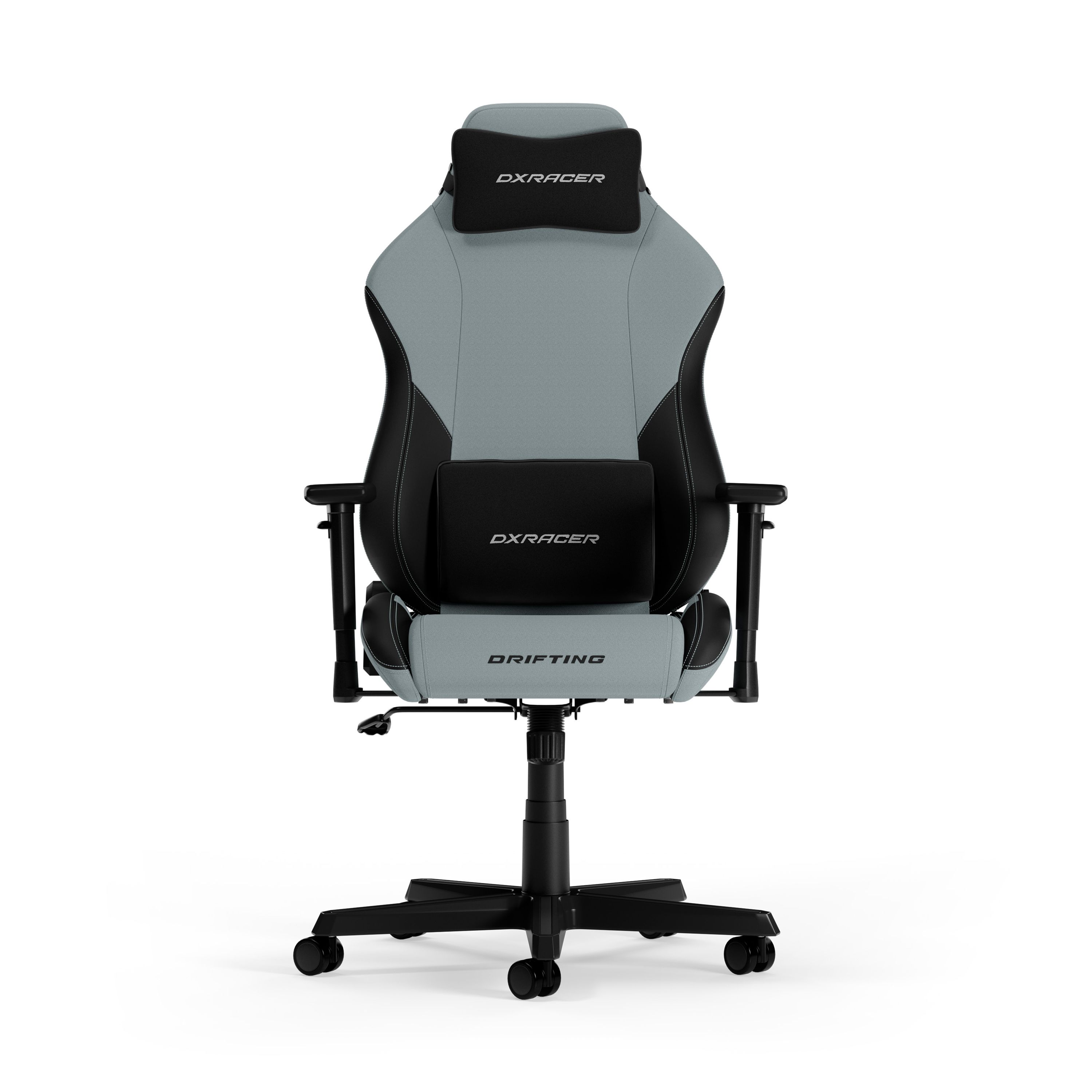 Grau-schwarzer Gaming-Stuhl. Er hat eine Kopfstütze und Lordosenstütze mit 'DXRacer'-Branding.