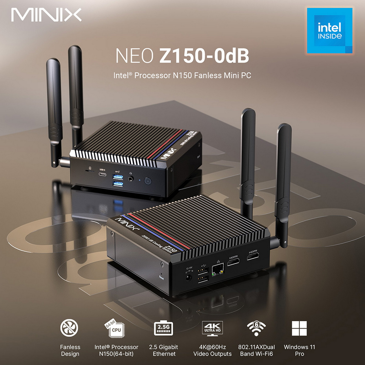 Dwa czarne urządzenia z antenami. Marka MINIX i tekst: Neo Z150-0dB, Intel Inside.