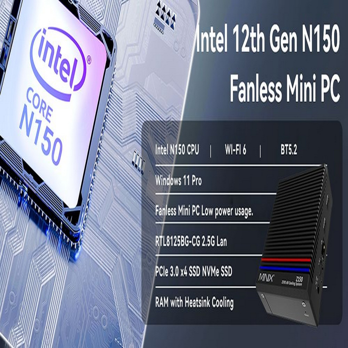 Bezwentylatorowy mini PC Intel N150. Czarna obudowa z czerwonymi i niebieskimi paskami, chip Intel Core N150.