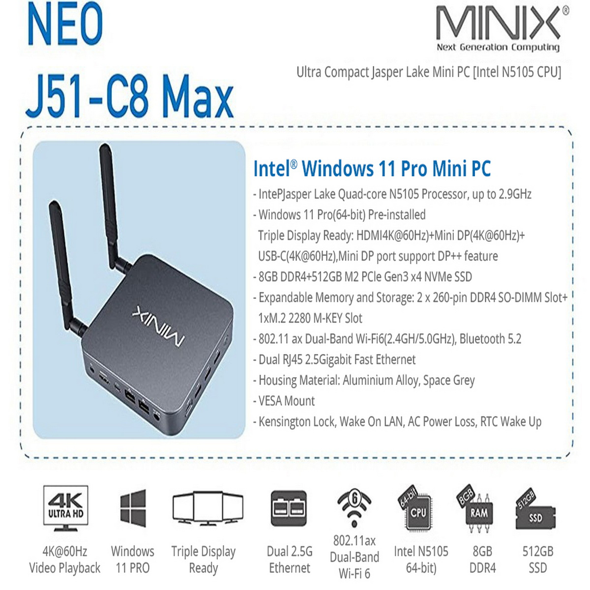 Uno sfondo bianco con un dispositivo multimediale MINIX e testo che descrive caratteristiche e specifiche.