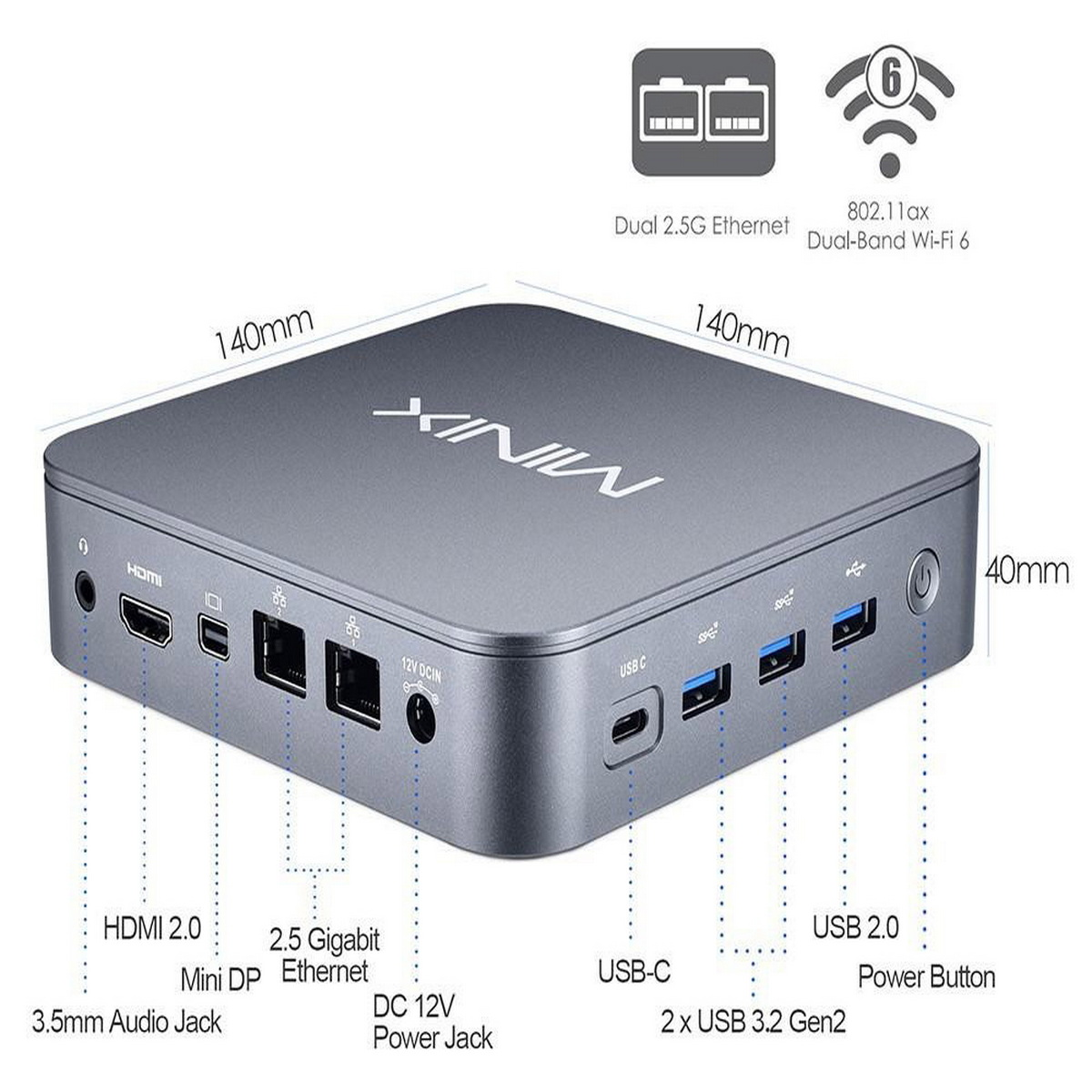 Un dispositivo multimediale MINIX grigio con porte ed etichette. Mostra HDMI, USB e altri punti di connessione.