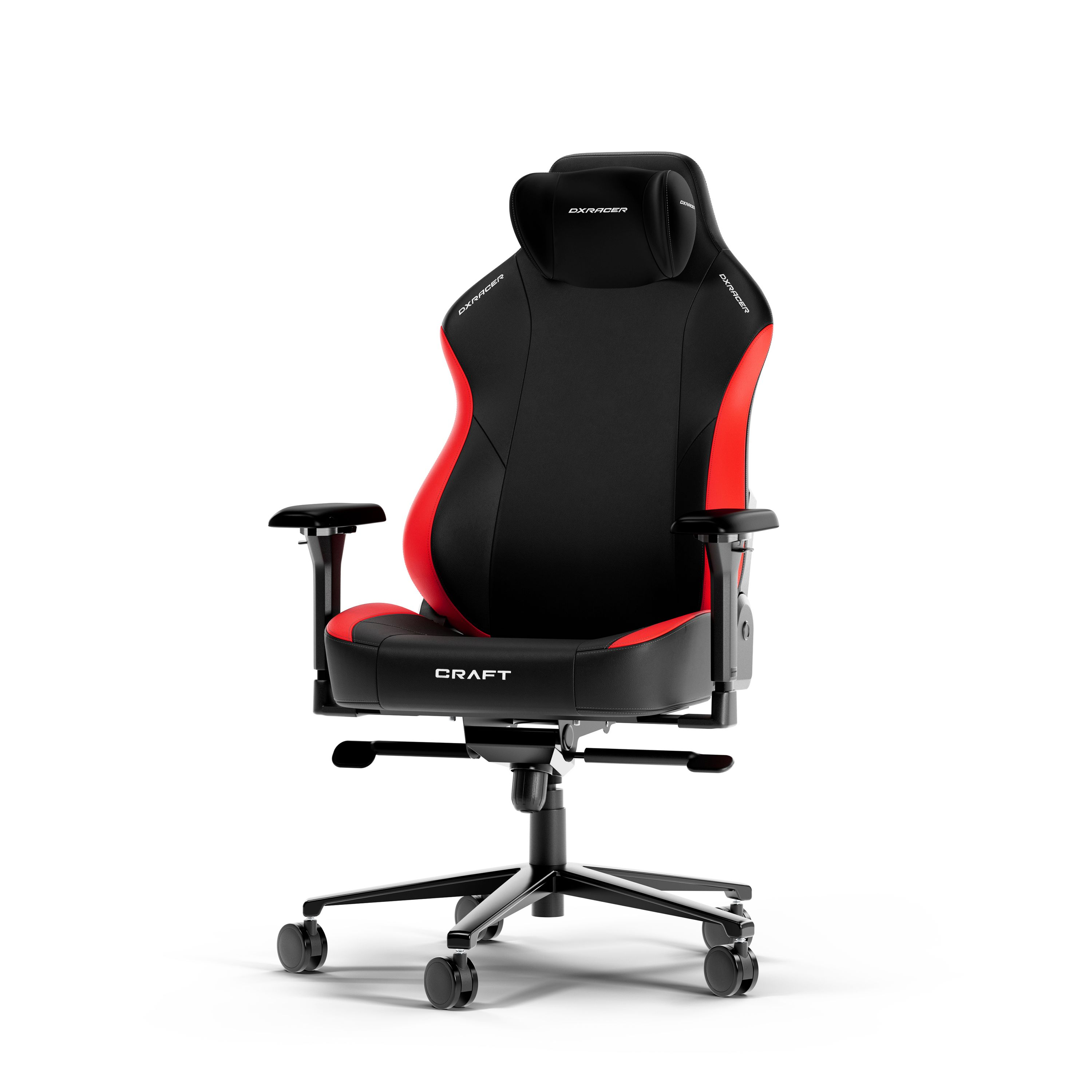 Gaming-Stuhl Seitenansicht. Schwarz-roter Stuhl. Schwarze Basis und Räder. Weißer Hintergrund.