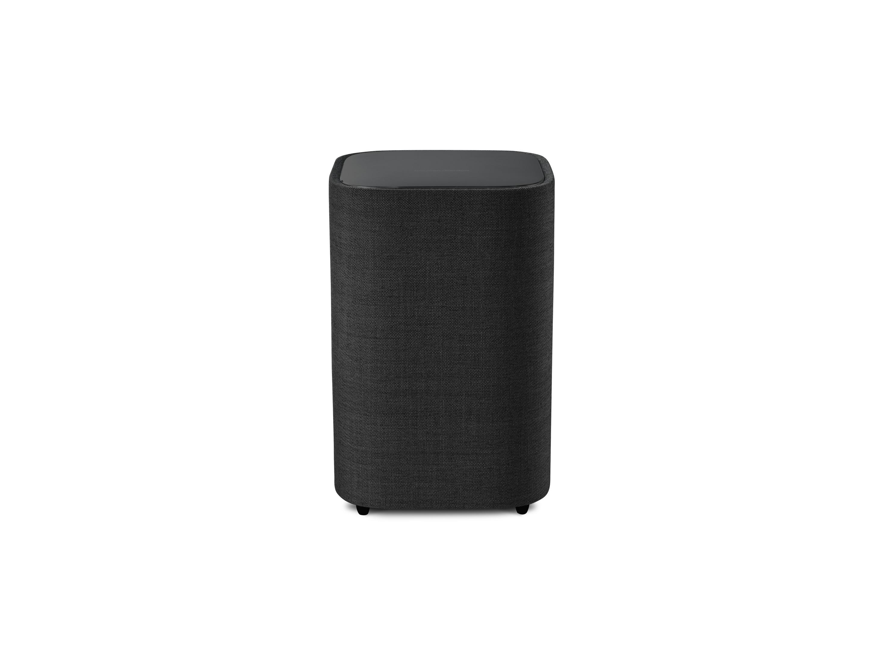 Zwarte cilindrische speaker met donkere bovenkant. Witte achtergrond.