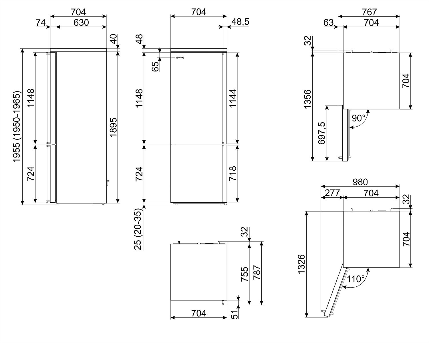 Diagrama de un refrigerador con dimensiones etiquetadas. Incluye vistas frontal, superior y lateral.