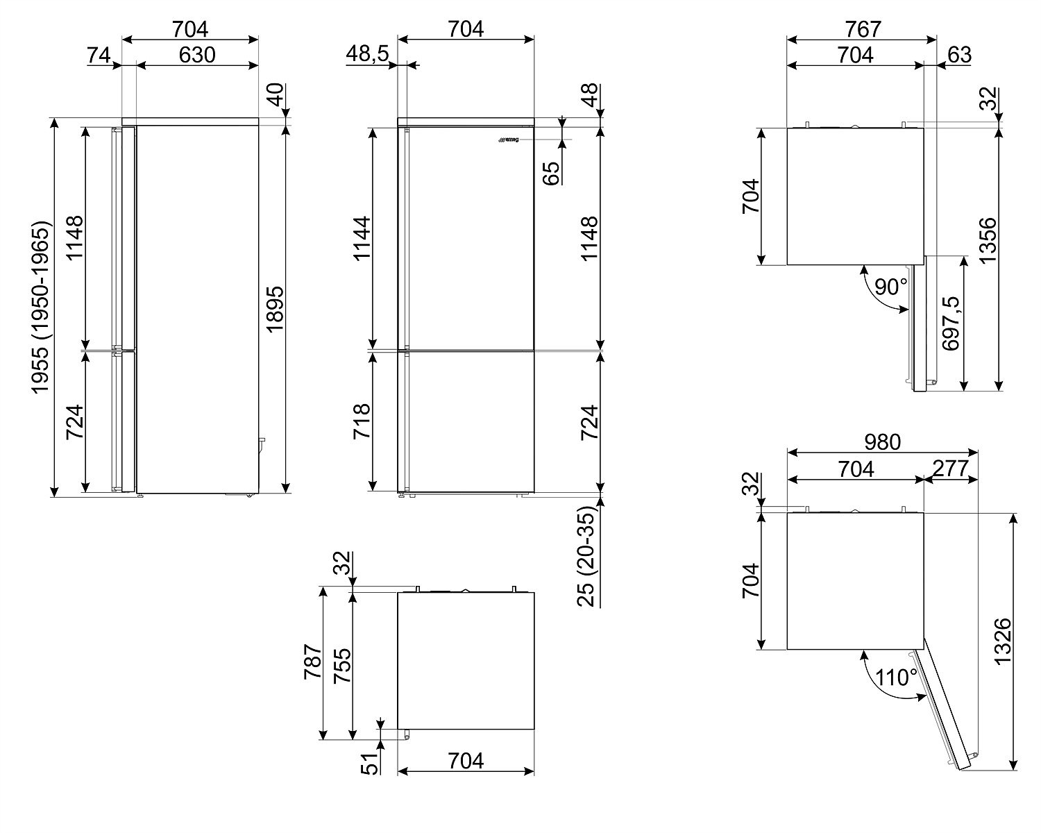 Diagrama con dimensiones para un refrigerador, mostrando varias vistas.