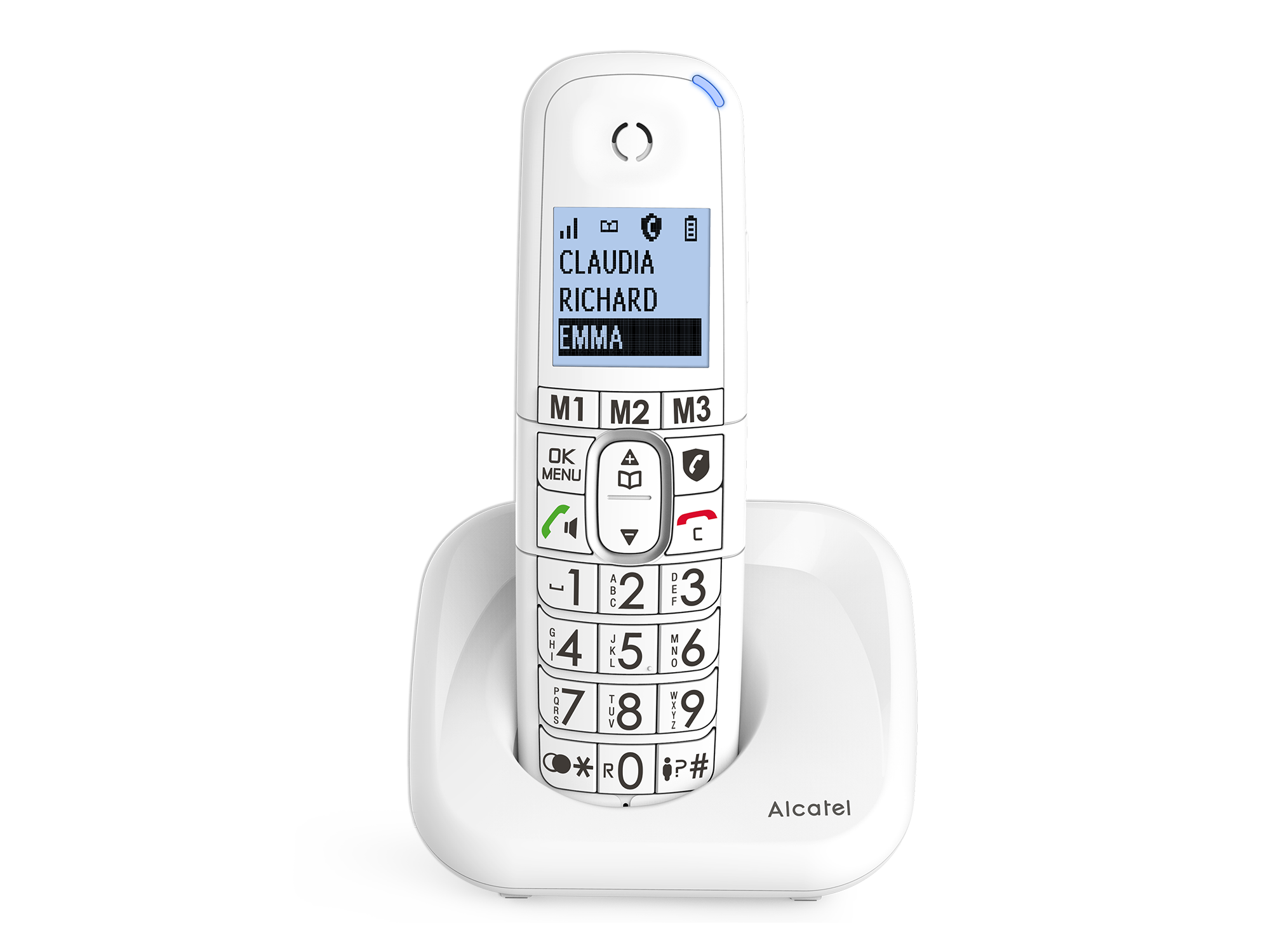 Witte Alcatel-telefoon op witte basis. Scherm toont namen. Knoppen met nummers en symbolen.