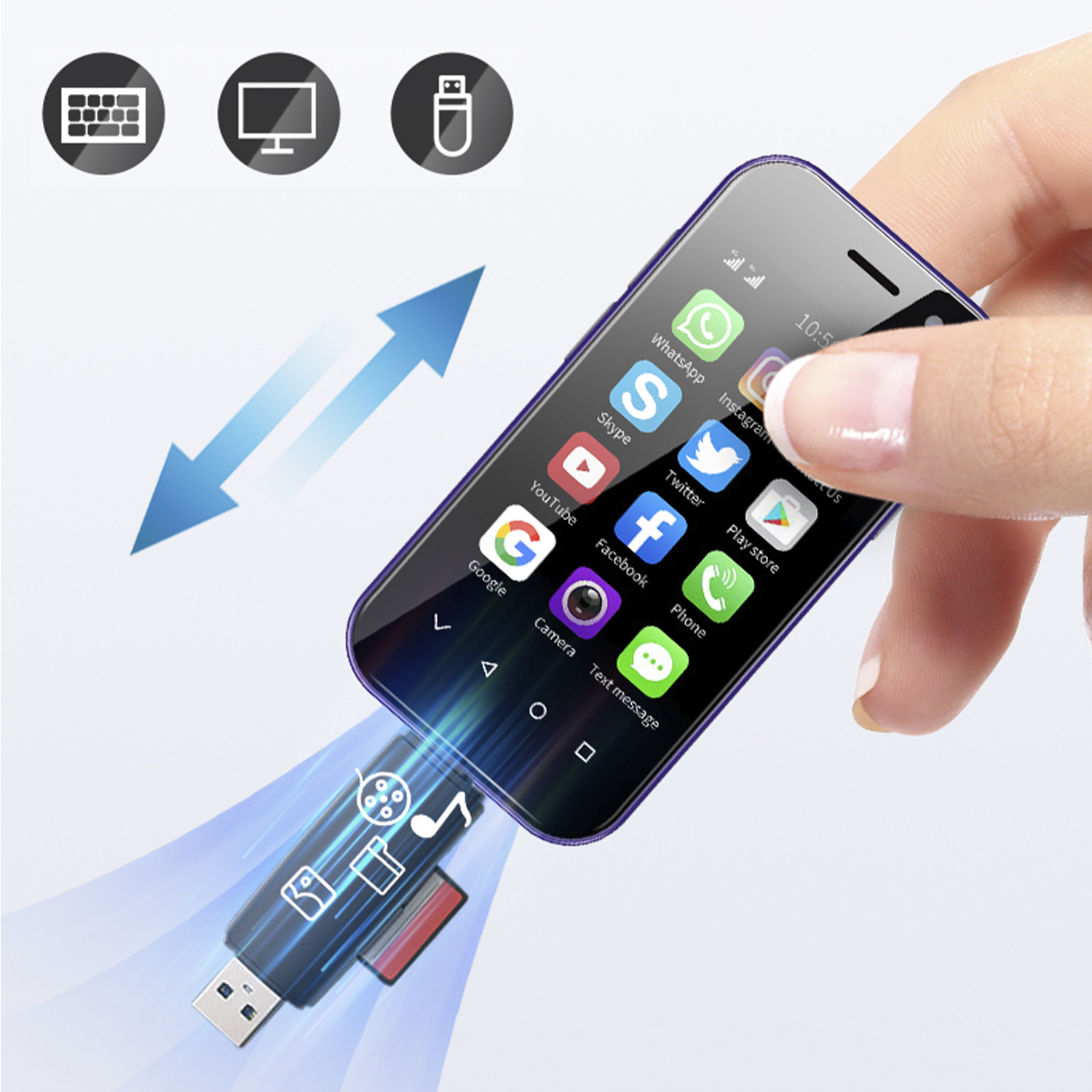 Un piccolo telefono viola con app visualizzate, una USB e frecce che illustrano il trasferimento dati.