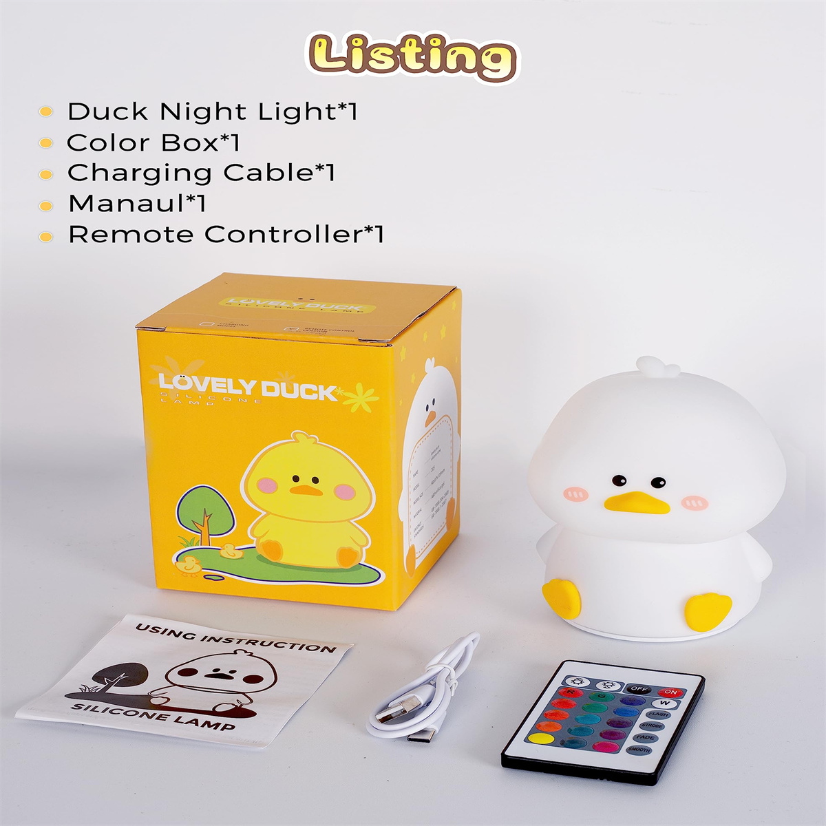 Eine Box und Zubehör für ein Enten-Nachtlicht, einschließlich Fernbedienung und Bedienungsanleitung.