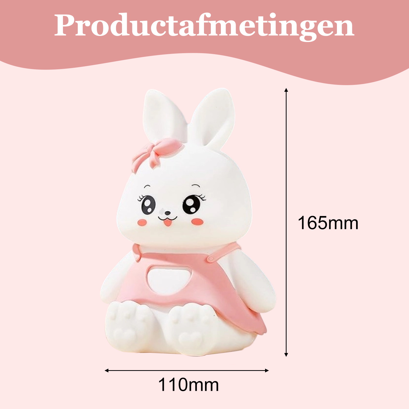 Ein weißes, hasenförmiges Nachtlicht in einem rosa Kleid, mit auf rosa Hintergrund beschrifteten Abmessungen.